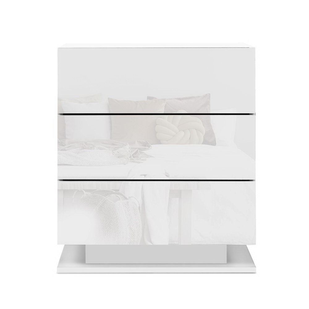2x Bedside Table LED 3 Drawers - MORI White