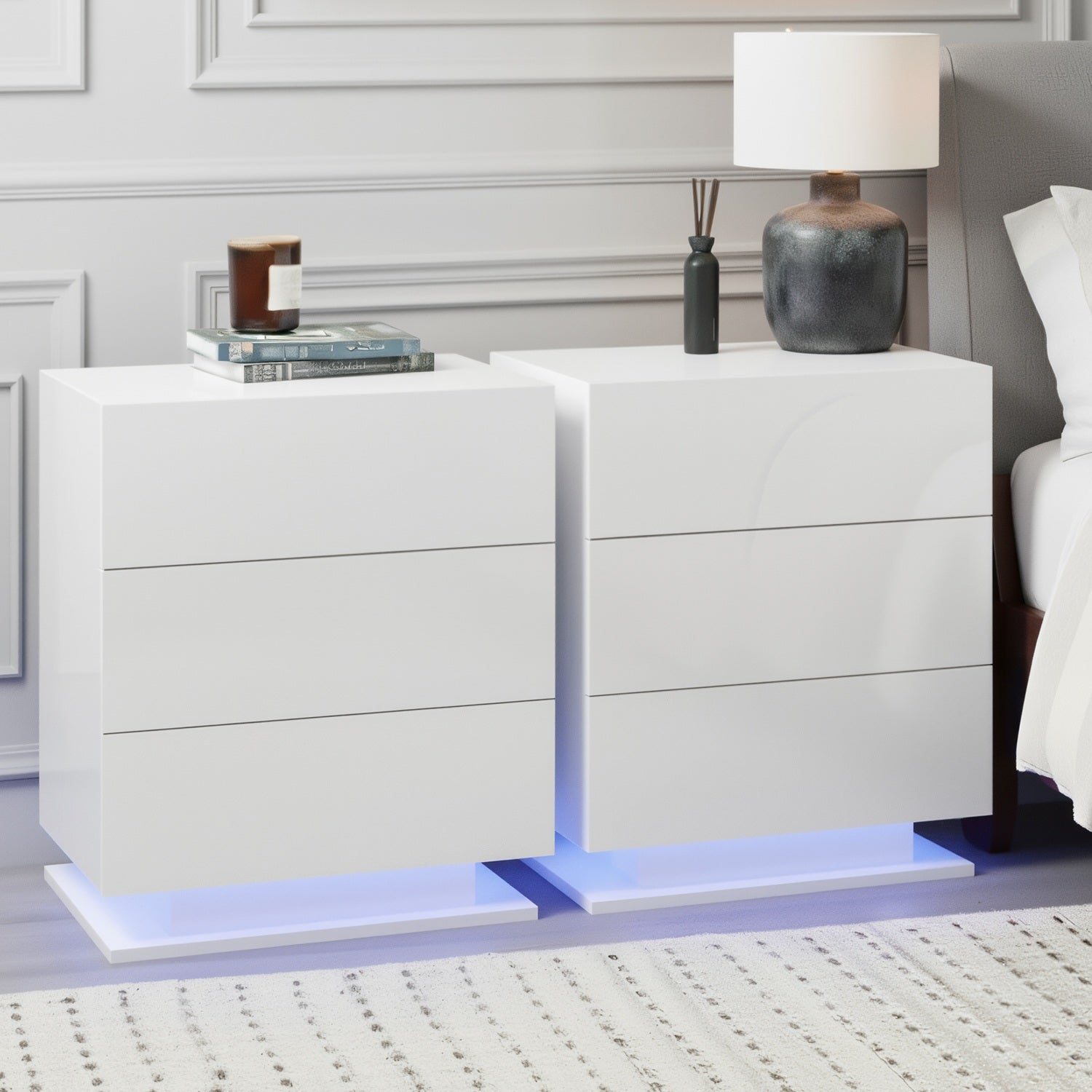 2x Bedside Table LED 3 Drawers - MORI White