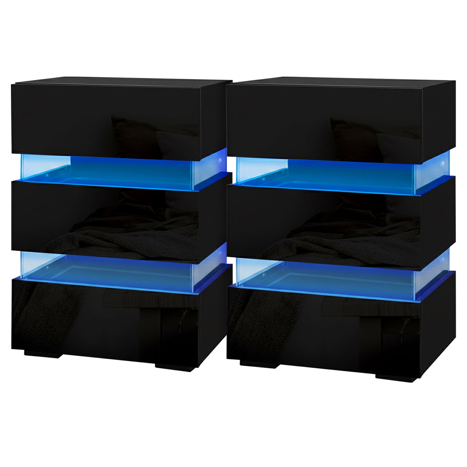 2x Bedside Table LED 3 Drawers - LUMI Black