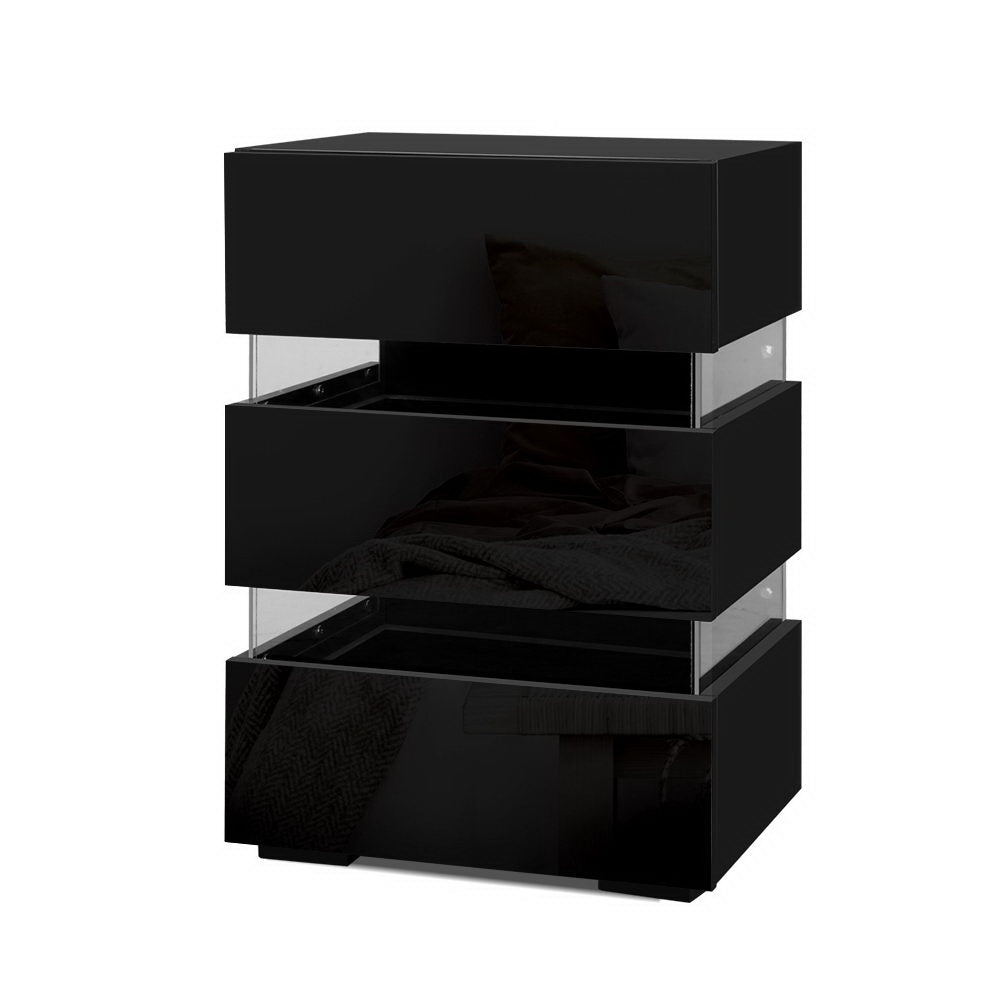 2x Bedside Table LED 3 Drawers - LUMI Black