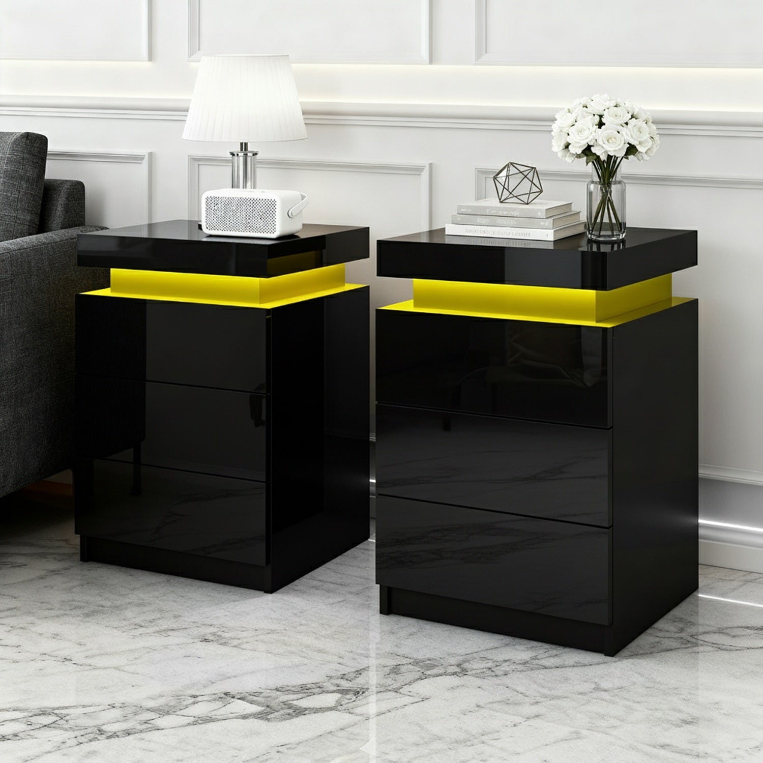2X Bedside Table LED 3 Drawers - COLEY Black