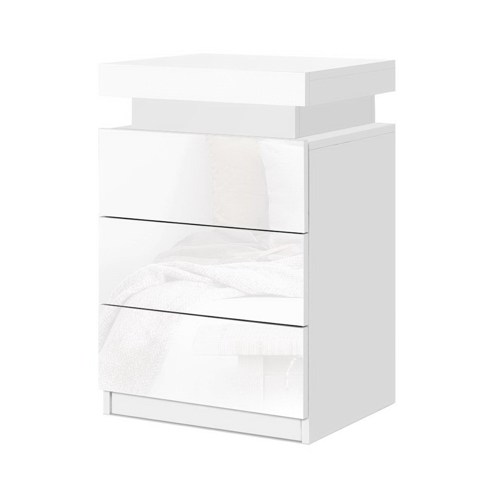 2X Bedside Table LED 3 Drawers - COLEY White