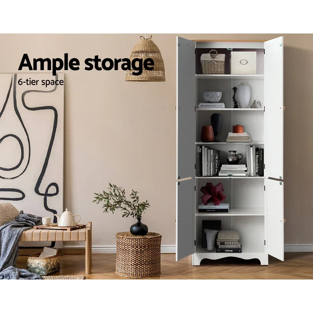 White Tall Storage Cupboard Pantry Cabinet 6 Shelf MDF Organizer