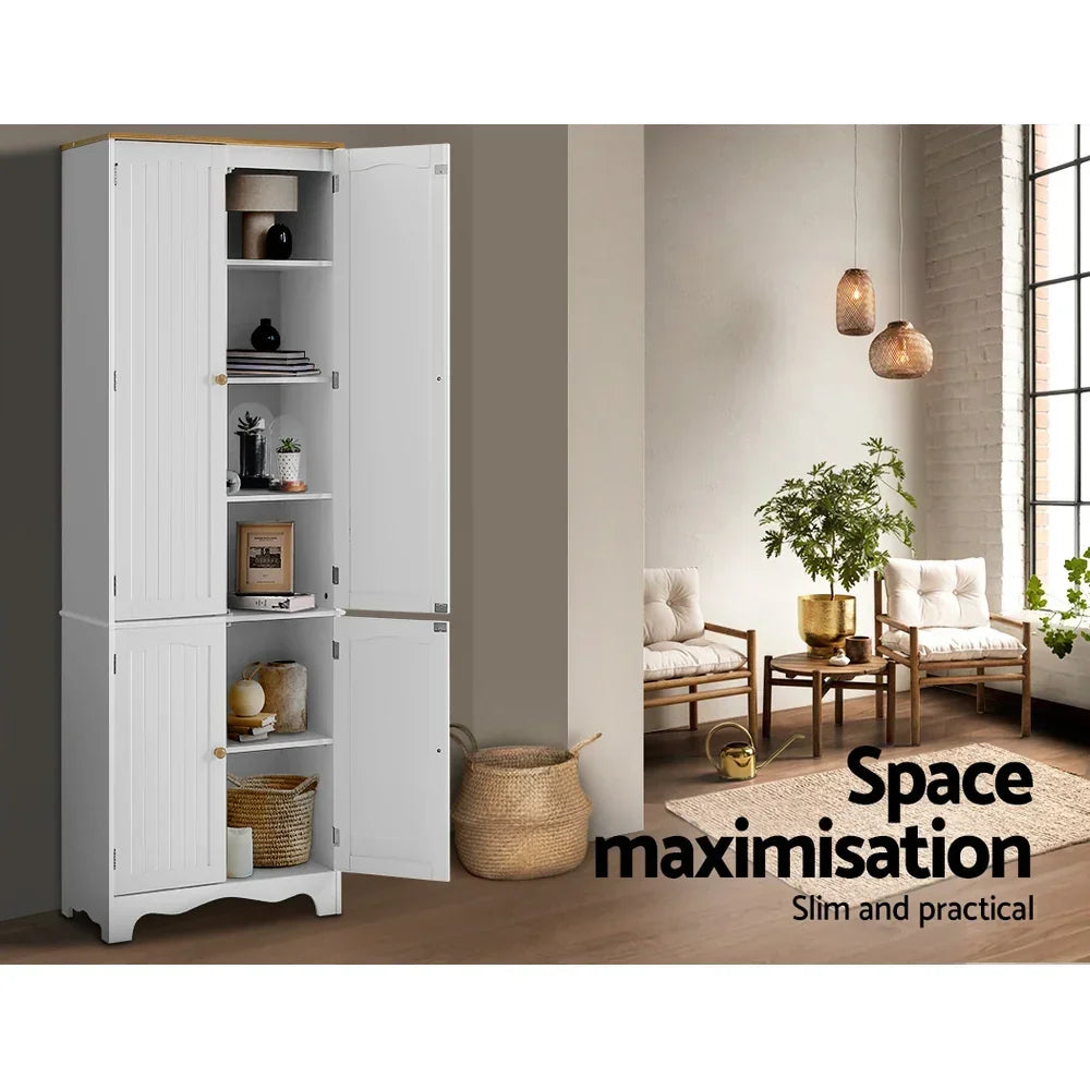 White Tall Storage Cupboard Pantry Cabinet 6 Shelf MDF Organizer