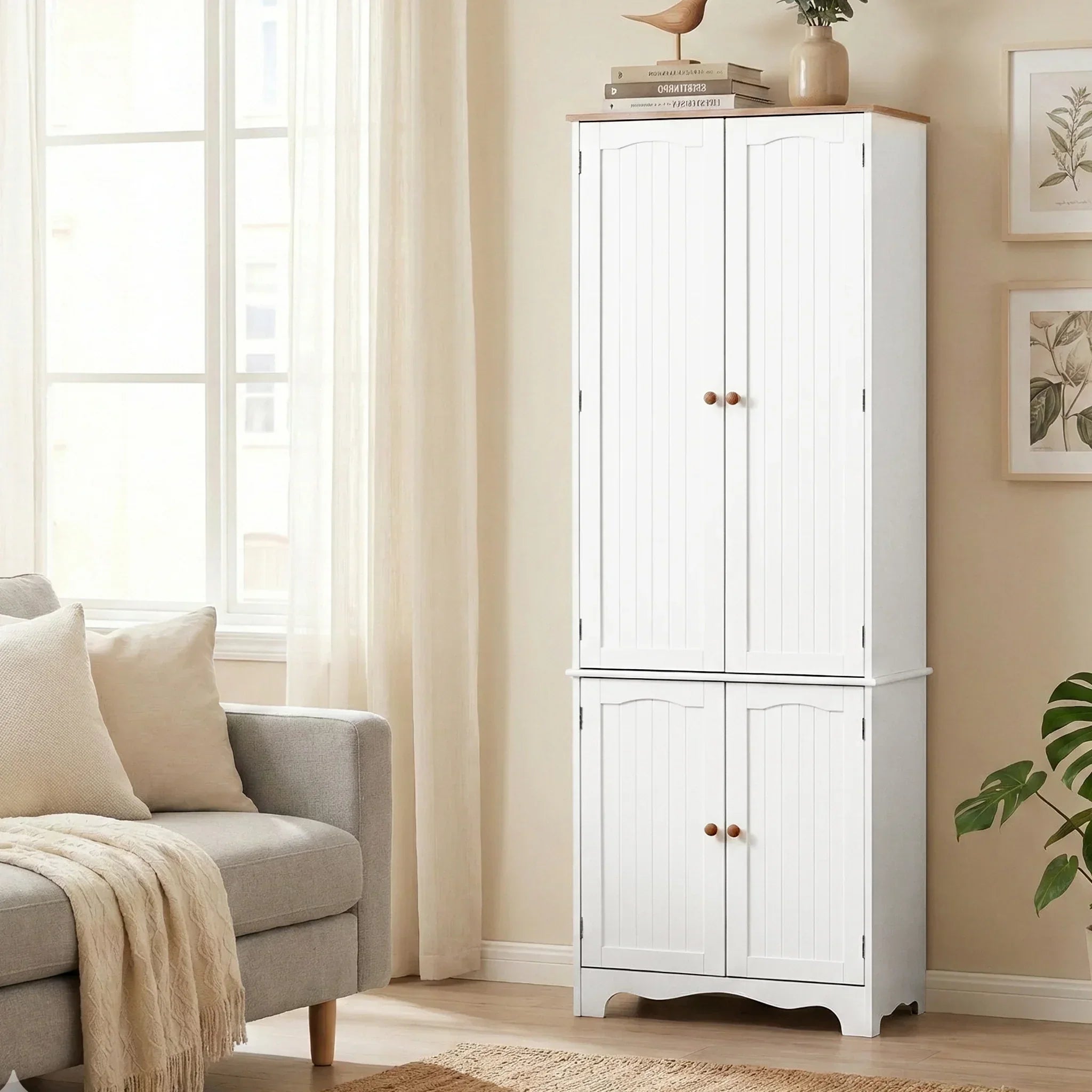 White Tall Storage Cupboard Pantry Cabinet 6 Shelf MDF Organizer