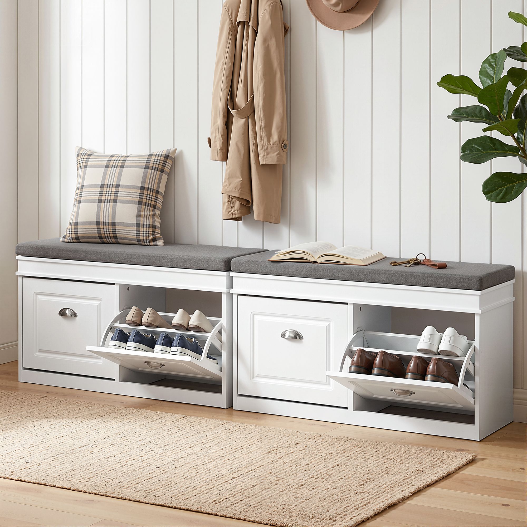 Shoe Bench Set of 2 – White, Flip Drawers, Padded Seat, 8‑Pair Storage