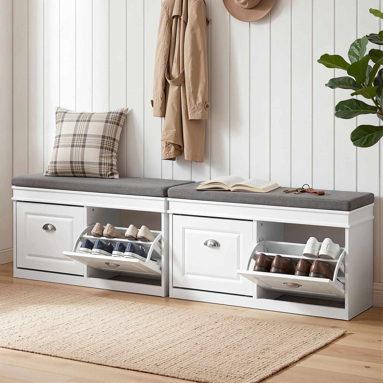 Artiss Shoe Bench Set of 2 – White, Flip Drawers, Padded Seat, 8‑Pair Storage