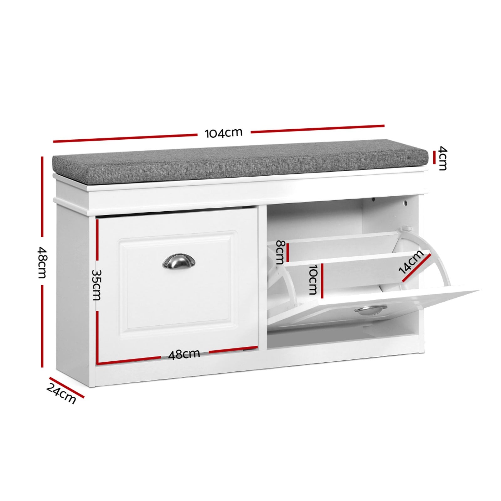 Artiss Shoe Bench Set of 2 – White, Flip Drawers, Padded Seat, 8‑Pair Storage