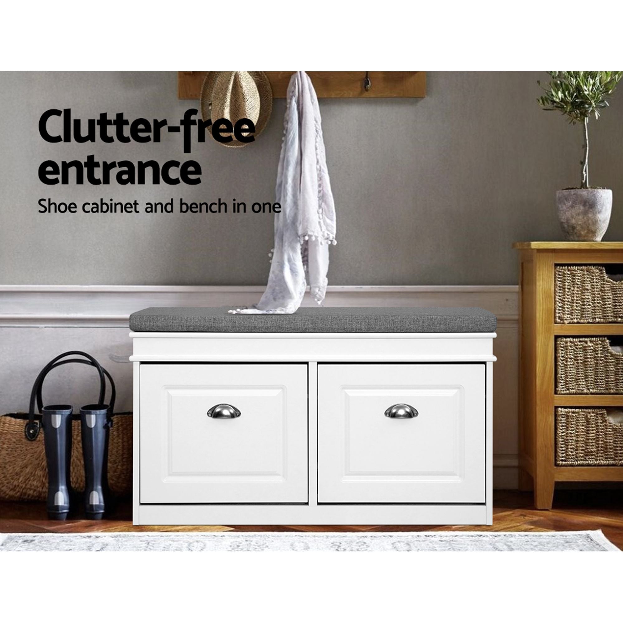 Shoe Bench Set of 2 – White, Flip Drawers, Padded Seat, 8‑Pair Storage