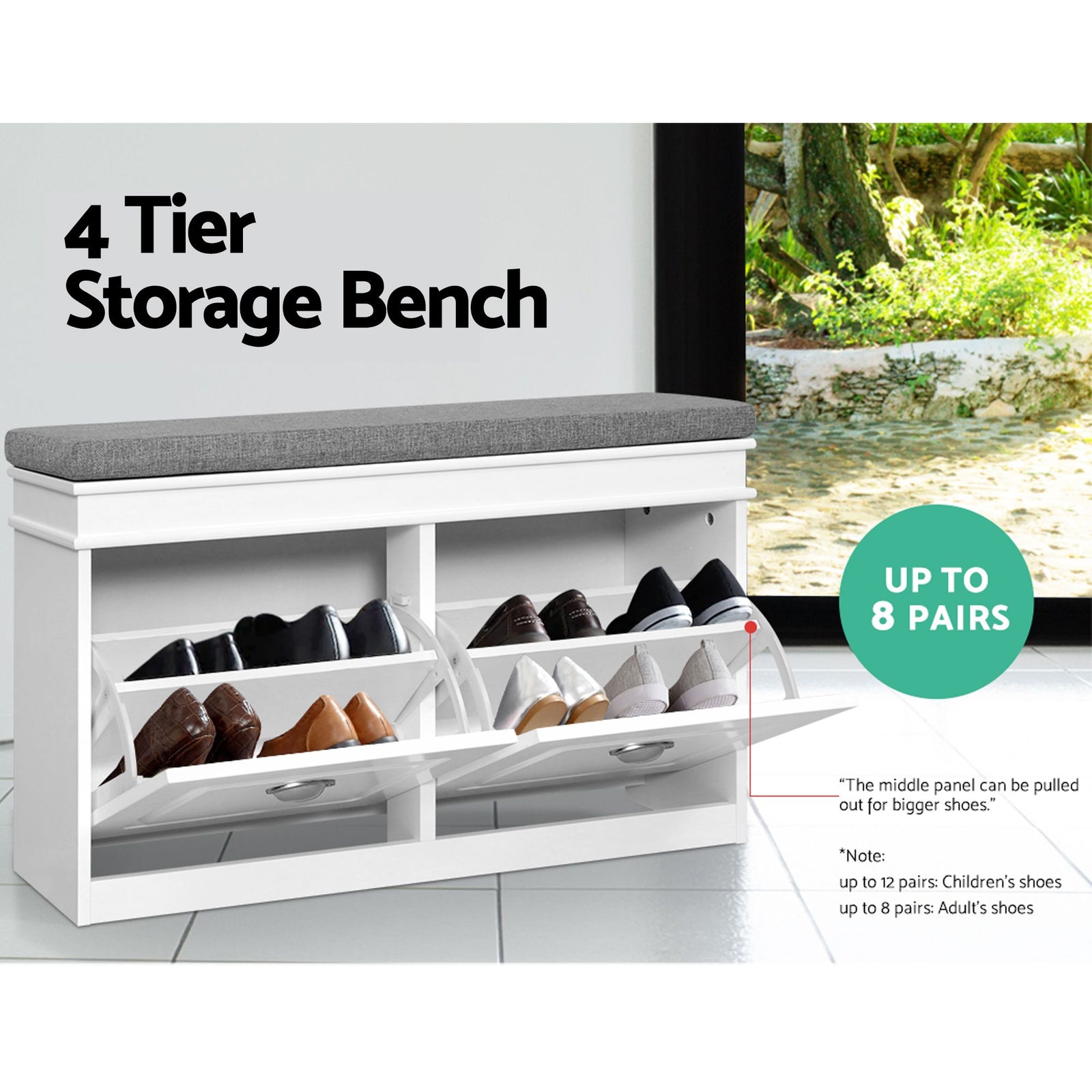 Artiss Shoe Bench Set of 2 – White, Flip Drawers, Padded Seat, 8‑Pair Storage