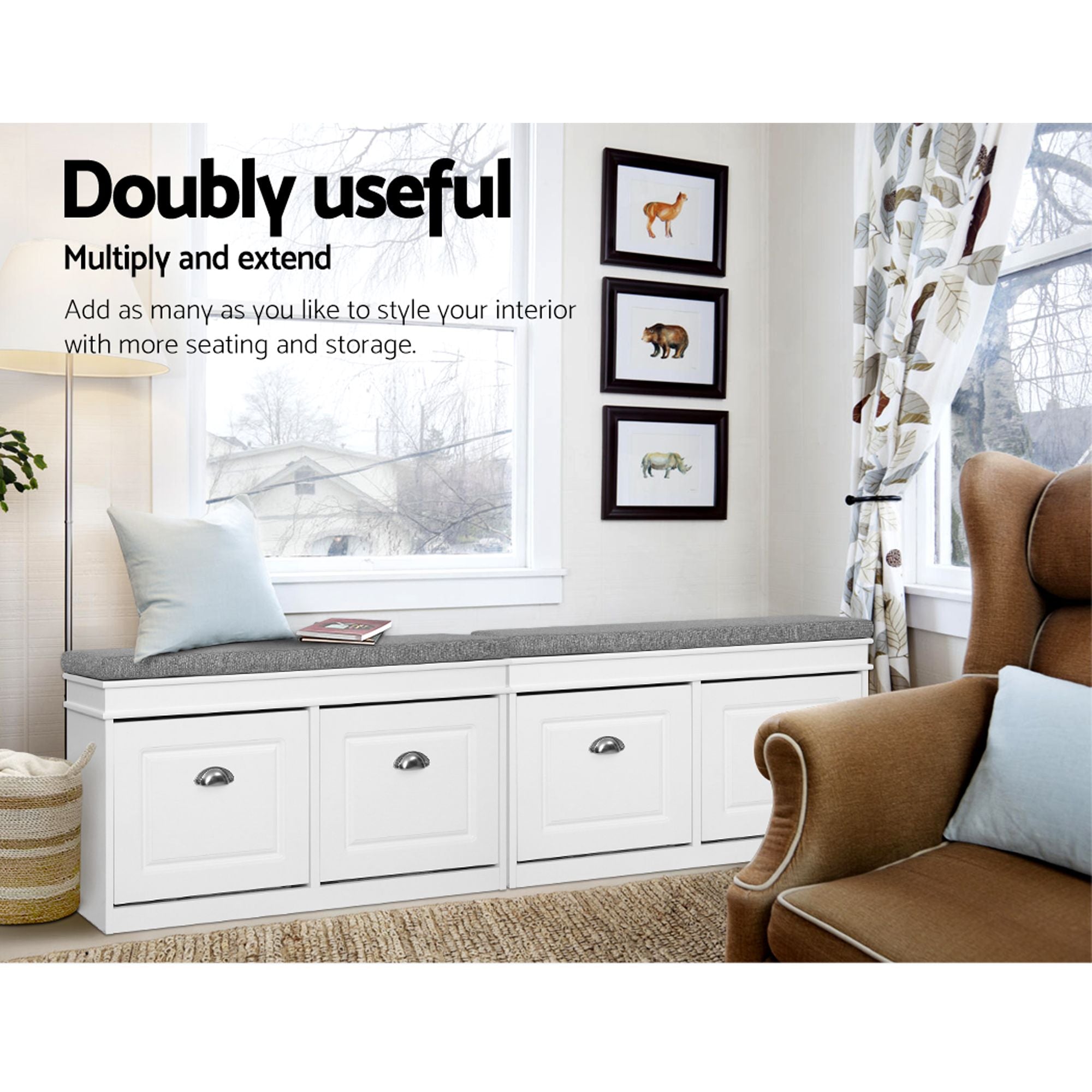 Shoe Bench Set of 2 – White, Flip Drawers, Padded Seat, 8‑Pair Storage