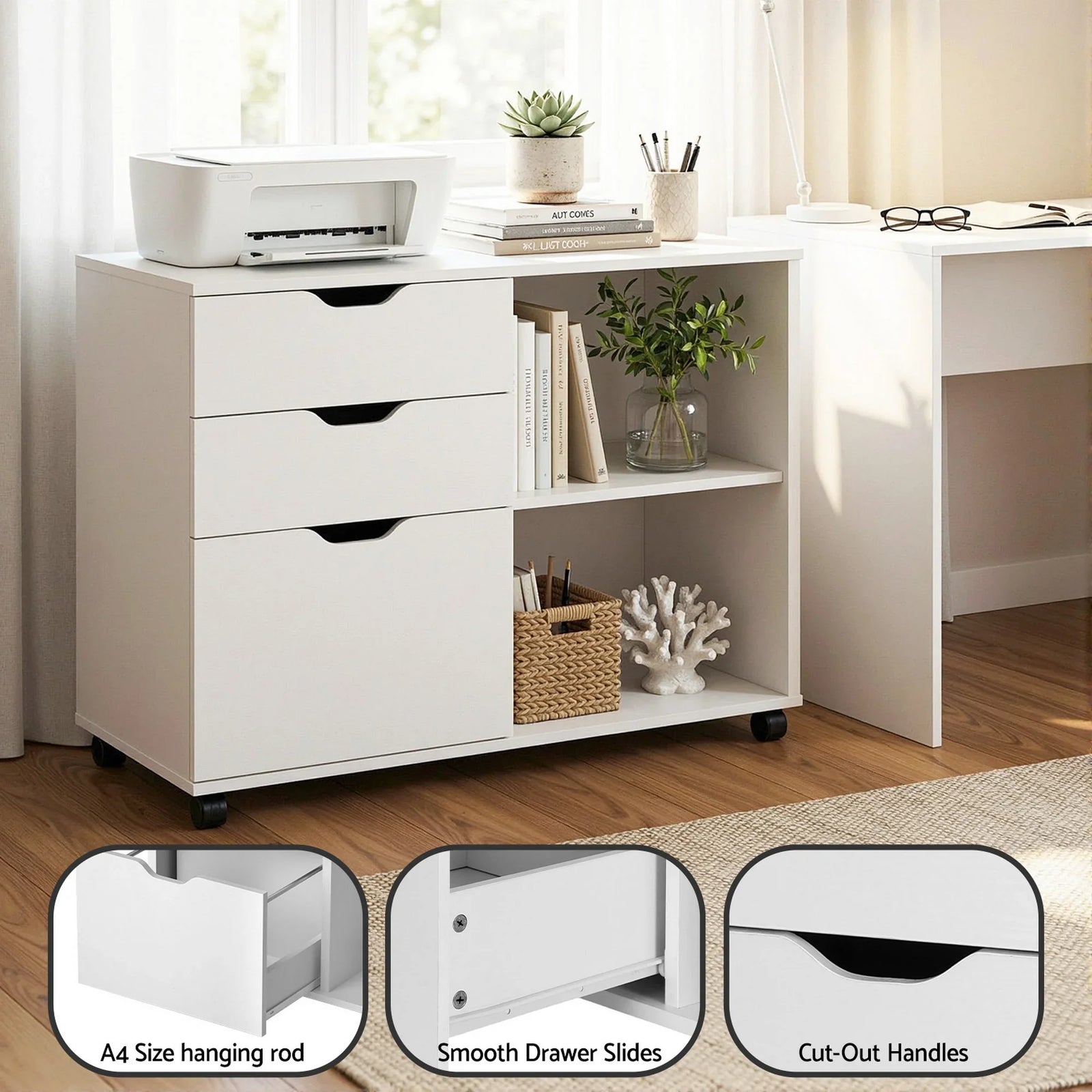 3 Drawer Mobile Filing Cabinet Printer Stand Cabinet Home Office Storage White