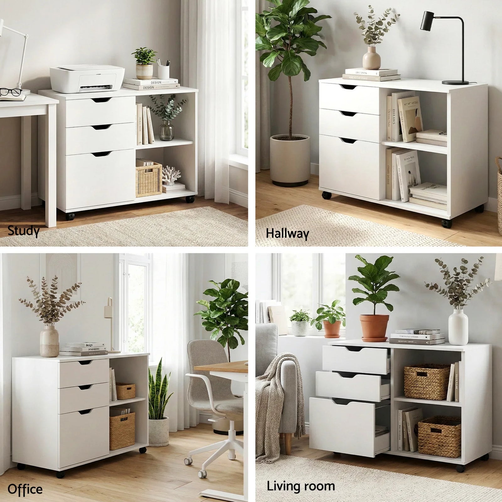 3 Drawer Mobile Filing Cabinet Printer Stand Cabinet Home Office Storage White