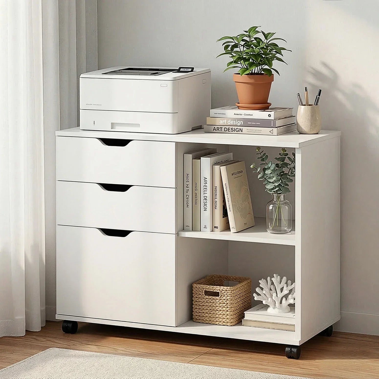 3 Drawer Mobile Filing Cabinet Printer Stand Cabinet Home Office Storage White
