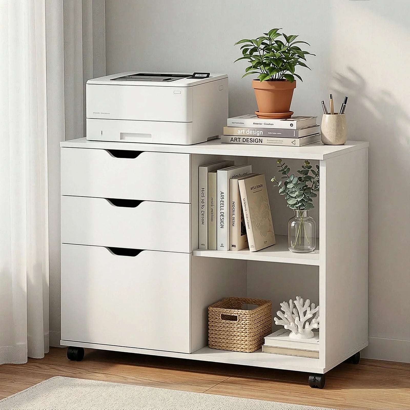 3 Drawer Mobile Filing Cabinet Printer Stand Cabinet Home Office Storage White