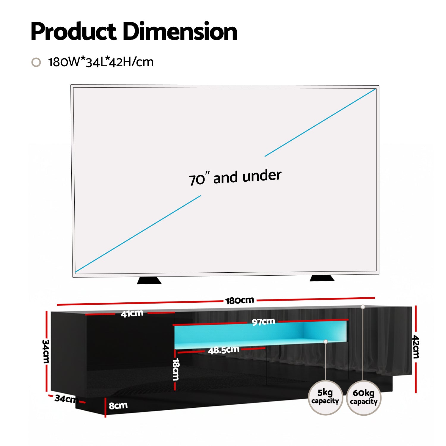 TV Unit Entertainment Unit Storage Drawer RGB LED 180cm Black