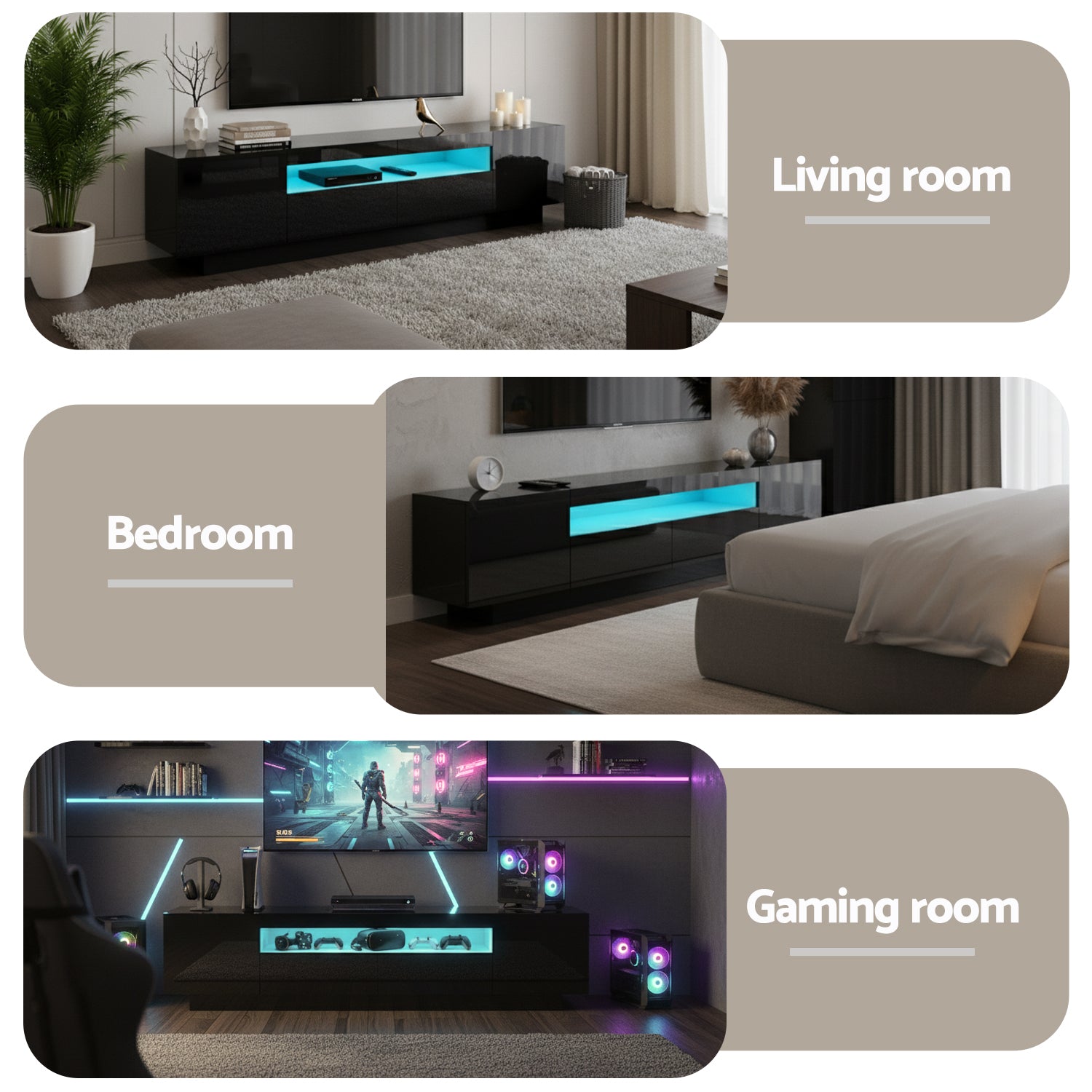 TV Unit Entertainment Unit Storage Drawer RGB LED 180cm Black