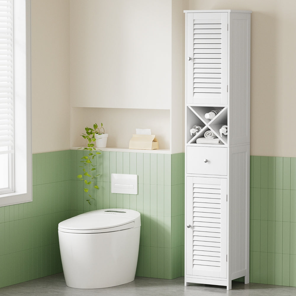 Bathroom Storage Cabinet 170cm Tall Slim Organiser Toilet Corner Adjustable Shelf Louver Door White