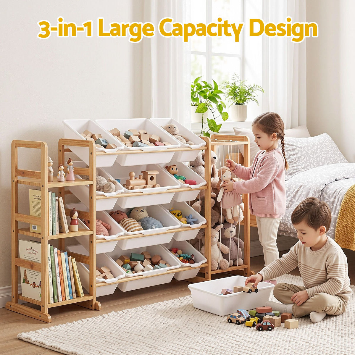 Keezi 3-in-1 Kids Toy Storage Organiser with 12 Bins, Shelves & Animal Storage