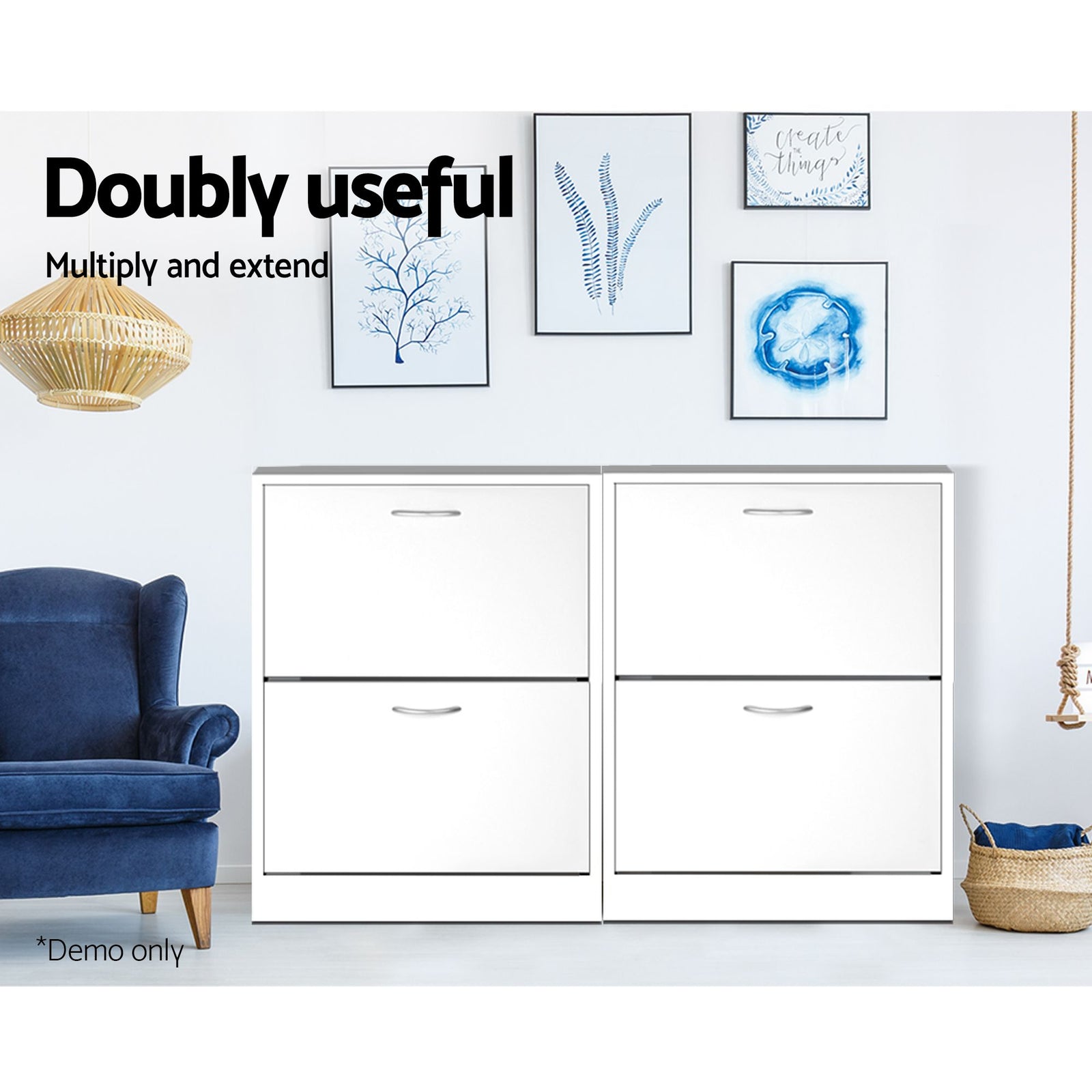 Artiss Shoe Cabinet Set 2‑Piece White – 2 Flip Drawers, Adjustable Shelves, 84cm