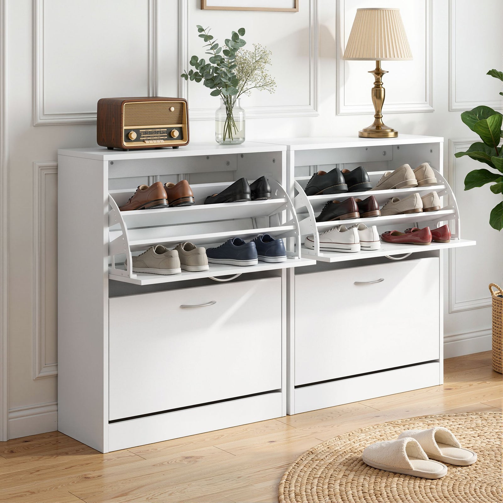 Artiss Shoe Cabinet Set 2‑Piece White – 2 Flip Drawers, Adjustable Shelves, 84cm
