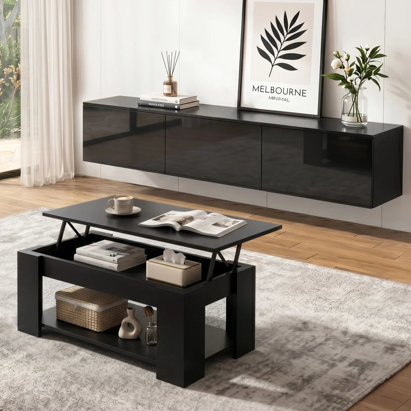 TV Unit & Coffee Table Set Storage Cabinet Black