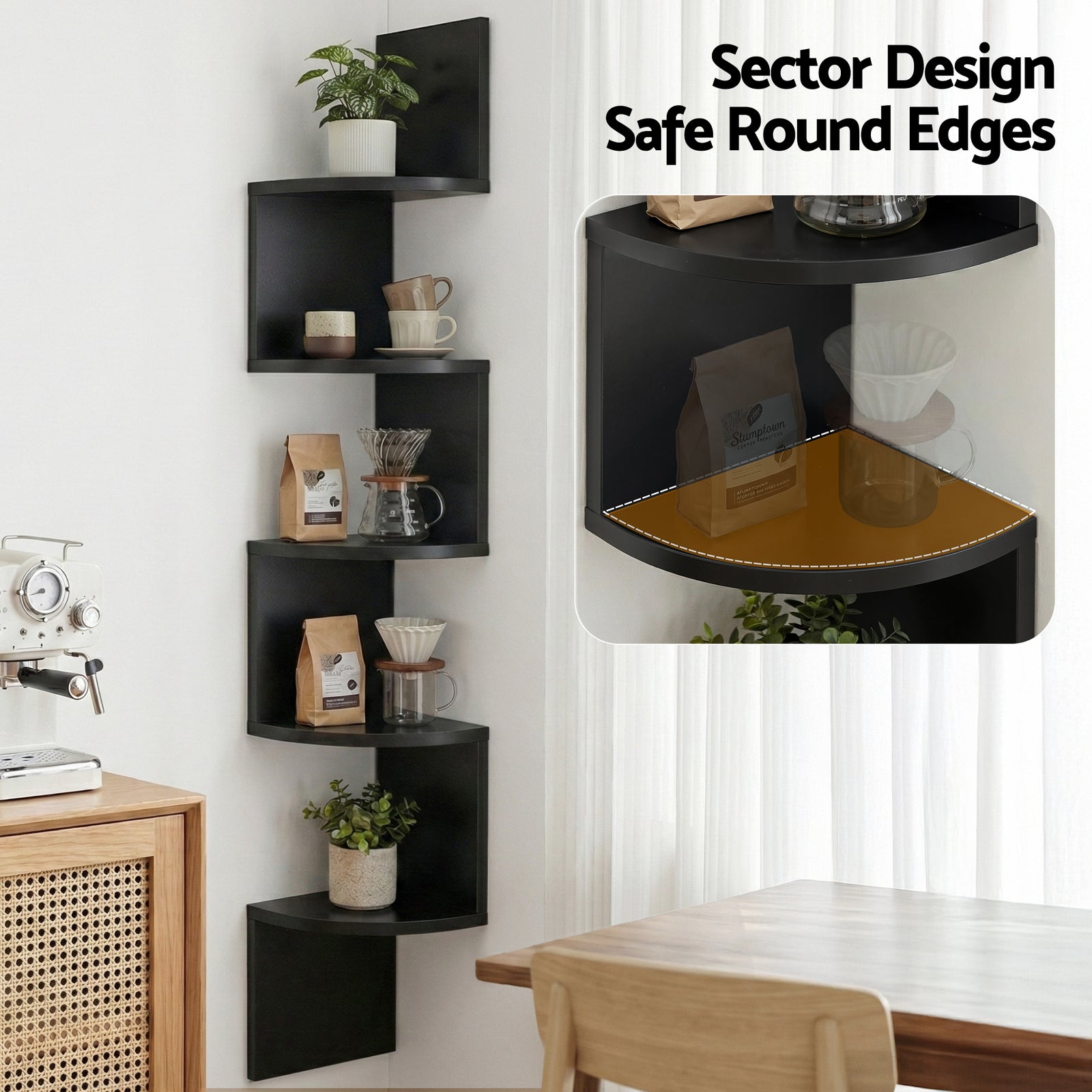 Wall Shelf Bookshelf Corner Floating 5-Tier Black