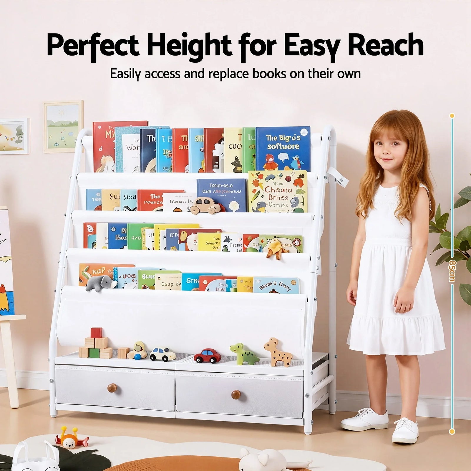 Kids Bookshelf Metal Storage Rack Toy Organiser Display Shelf Drawer White