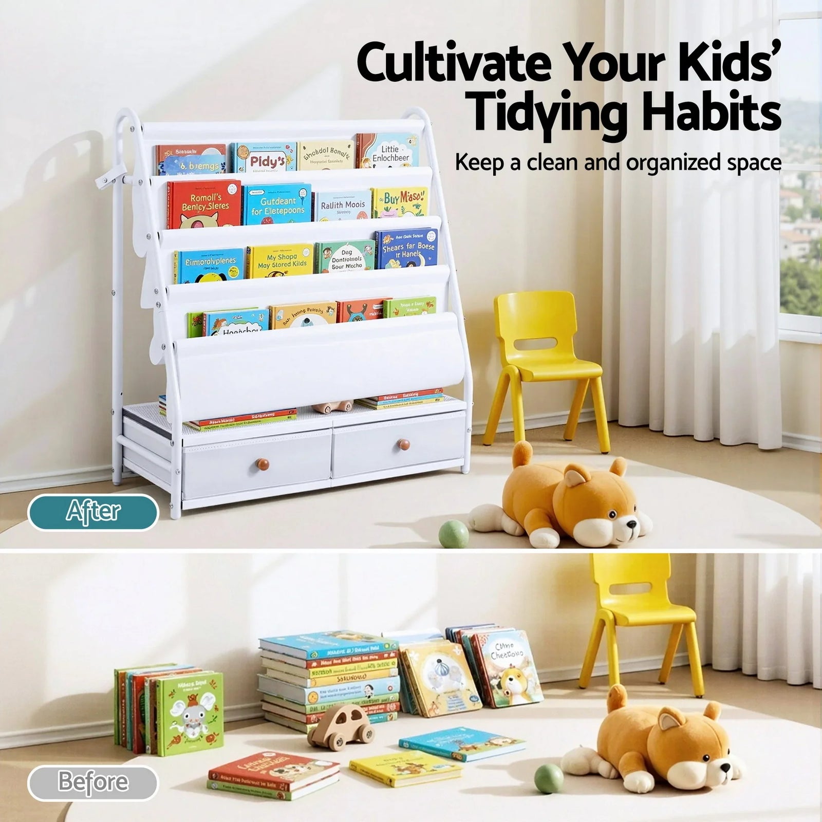 Kids Bookshelf Metal Storage Rack Toy Organiser Display Shelf Drawer White