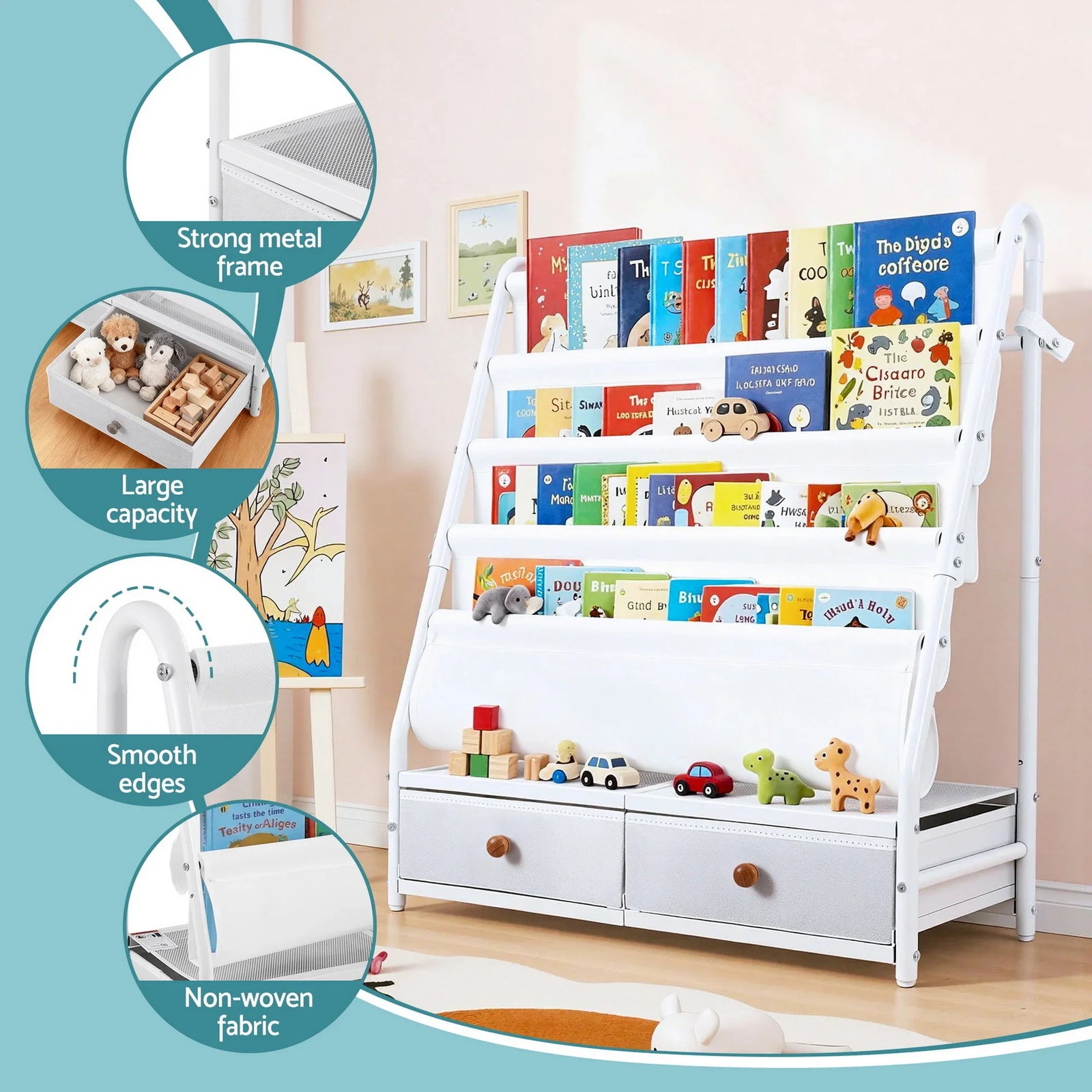 Kids Bookshelf Metal Storage Rack Toy Organiser Display Shelf Drawer White