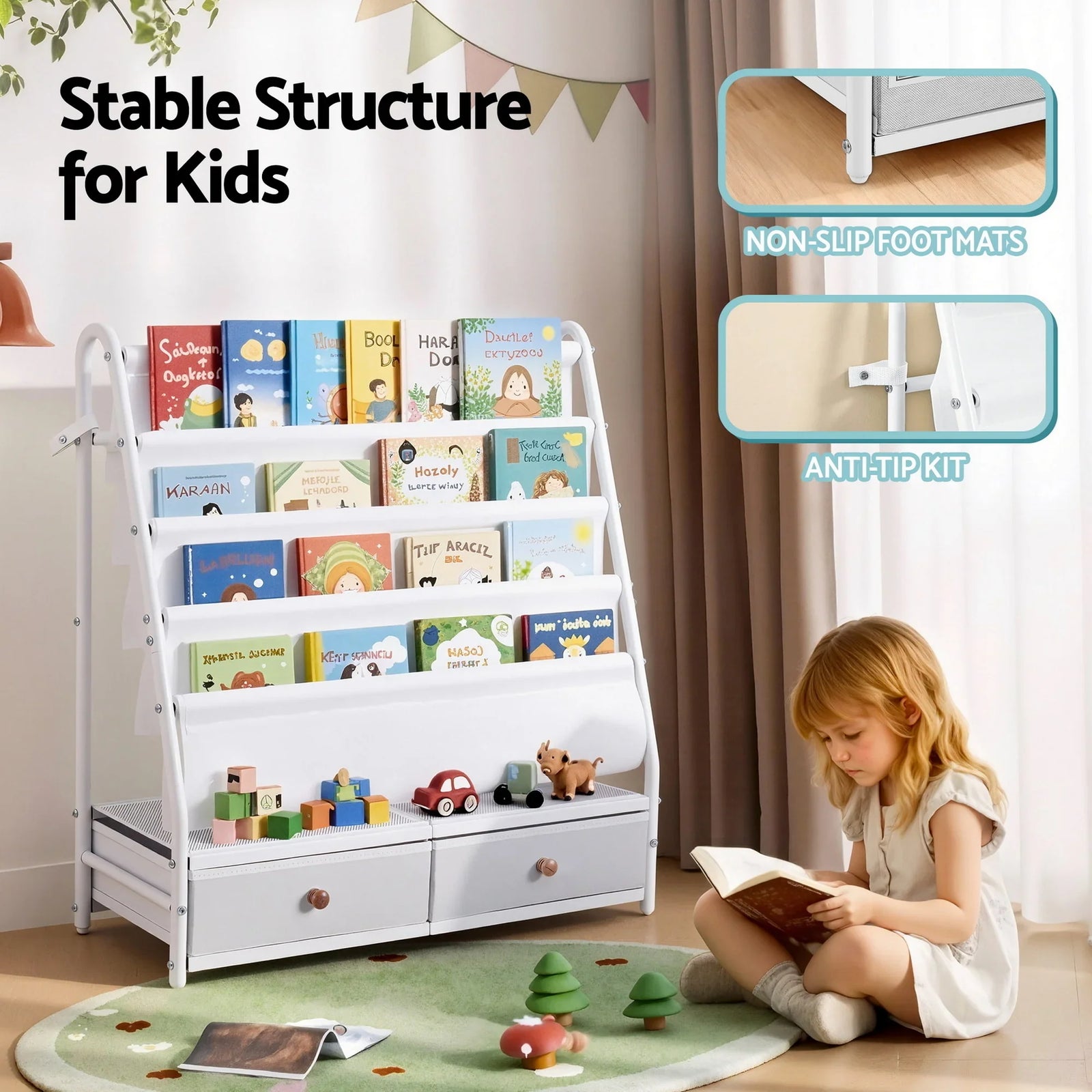 Kids Bookshelf Metal Storage Rack Toy Organiser Display Shelf Drawer White