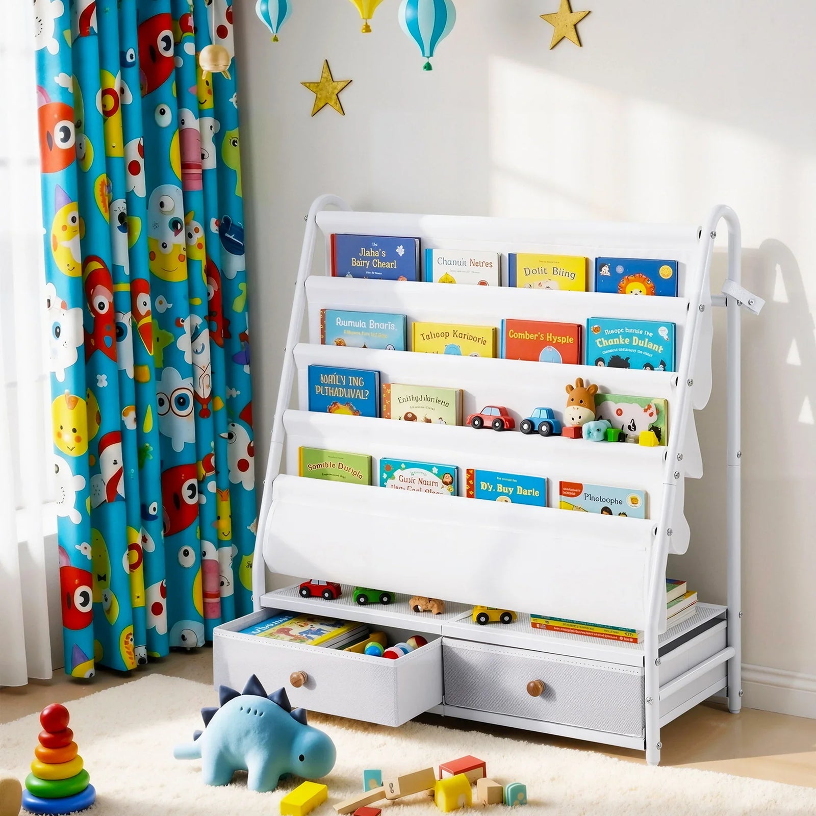 Kids Bookshelf Metal Storage Rack Toy Organiser Display Shelf Drawer White