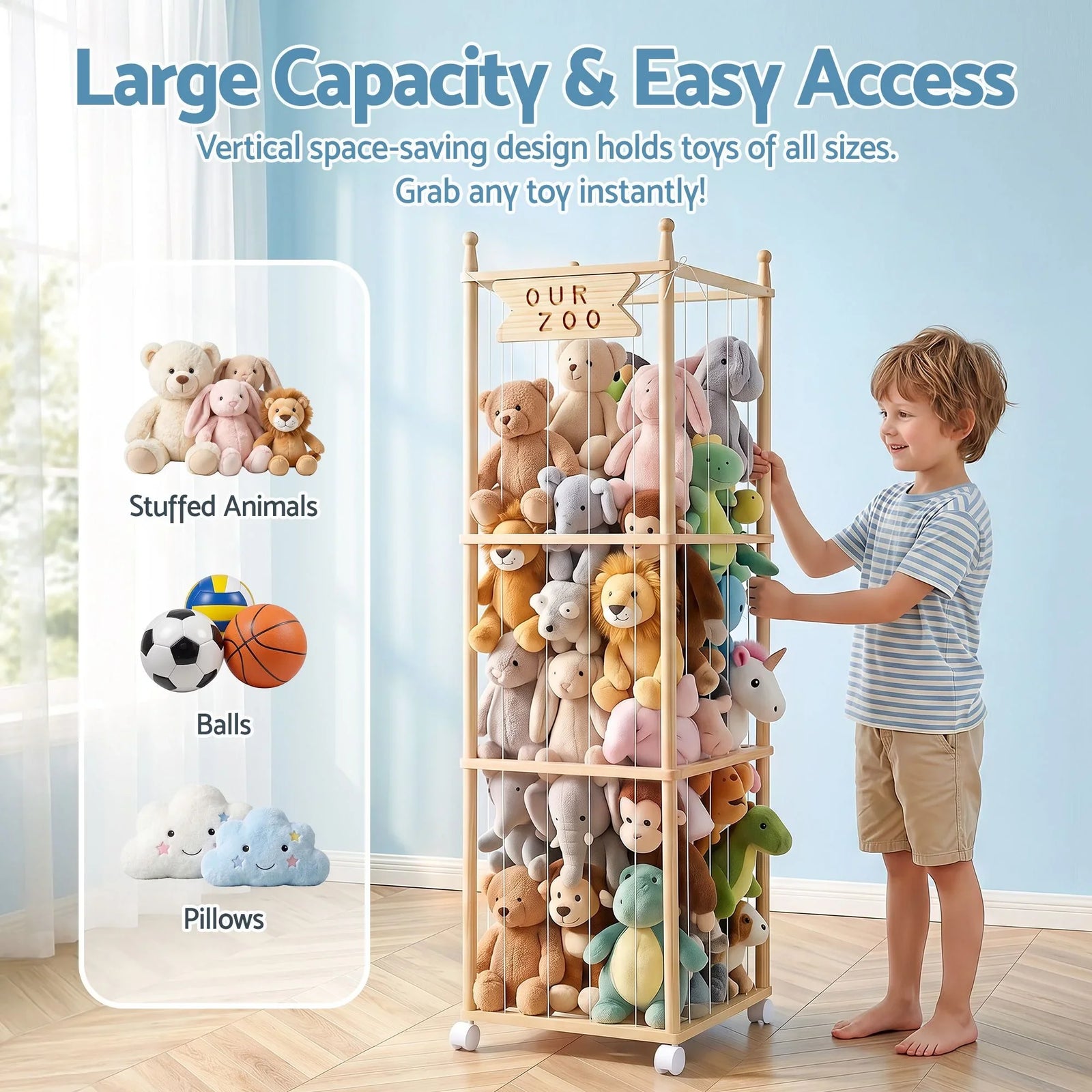 Stuffed Animal Storage Wooden Toy Holder with Wheels Soft Toy Storage Zoo Cage Stuffy Toy Storage Organizers with Elastic Cords for Playroom Bedroom Nursery