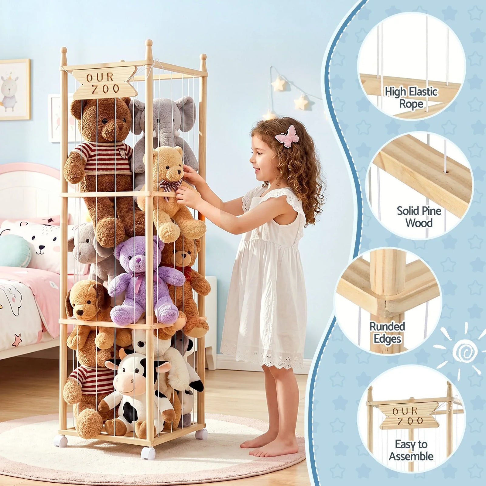 Stuffed Animal Storage Wooden Toy Holder with Wheels Soft Toy Storage Zoo Cage Stuffy Toy Storage Organizers with Elastic Cords for Playroom Bedroom Nursery