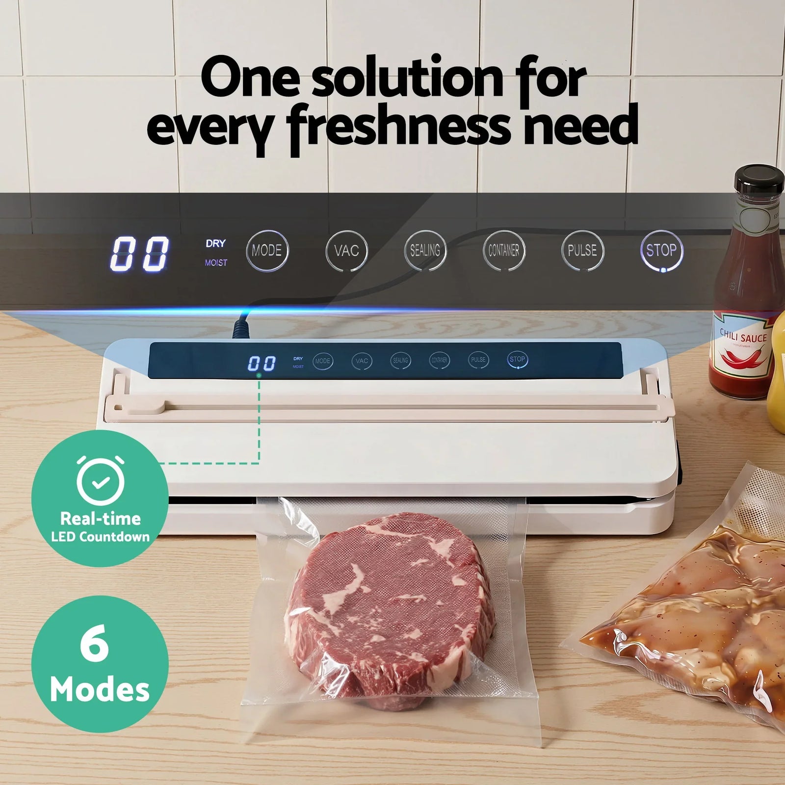 Food Vacuum Sealer Machine Fresh Storage Auto Seal Slide Cutter 6 Modes White