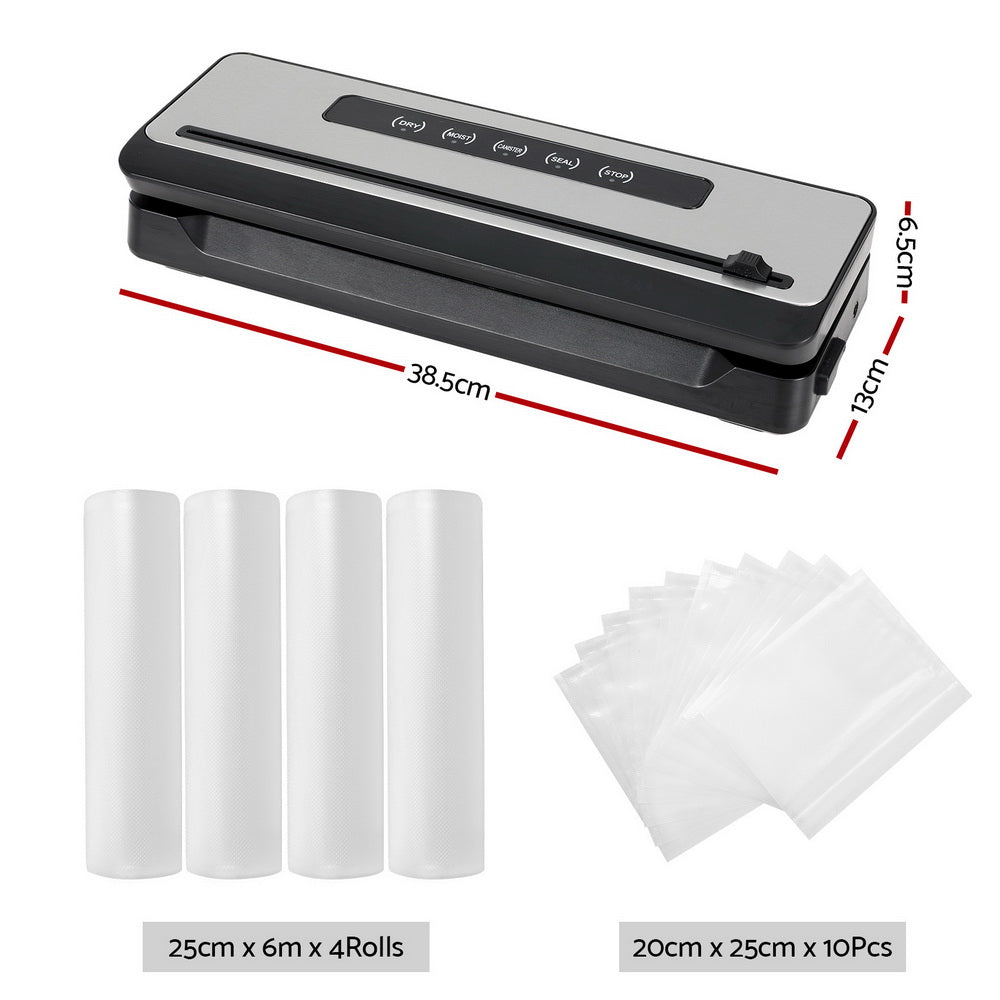 Devanti Food Vacuum Sealer Machine Sealing Cutter 5 Modes Storage Bags 4 Rolls