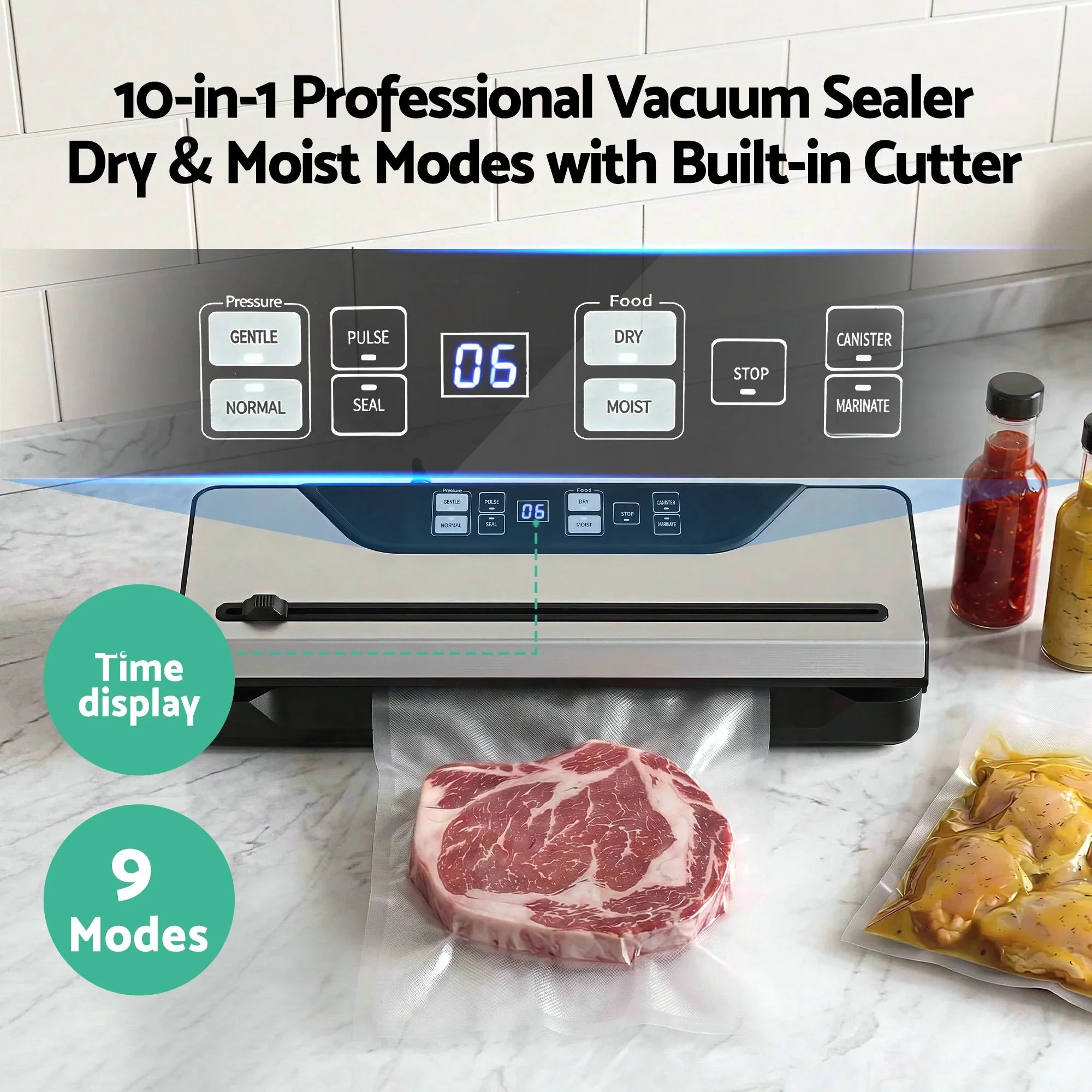 Food Vacuum Sealer Machine Auto Seal Slide Cutter 9 Modes Marinate Black