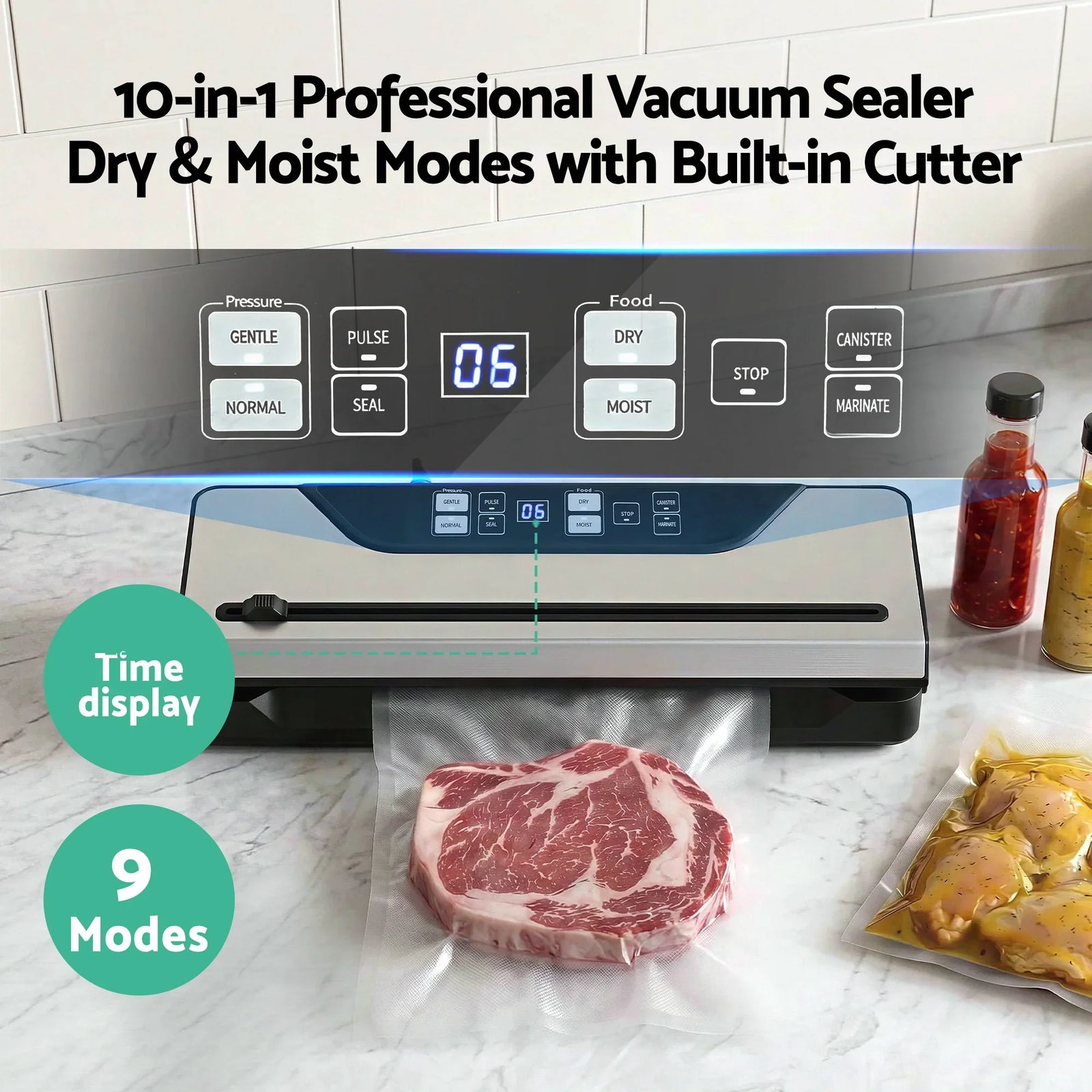 Food Vacuum Sealer Machine Auto Seal Slide Cutter 9 Modes Marinate Black
