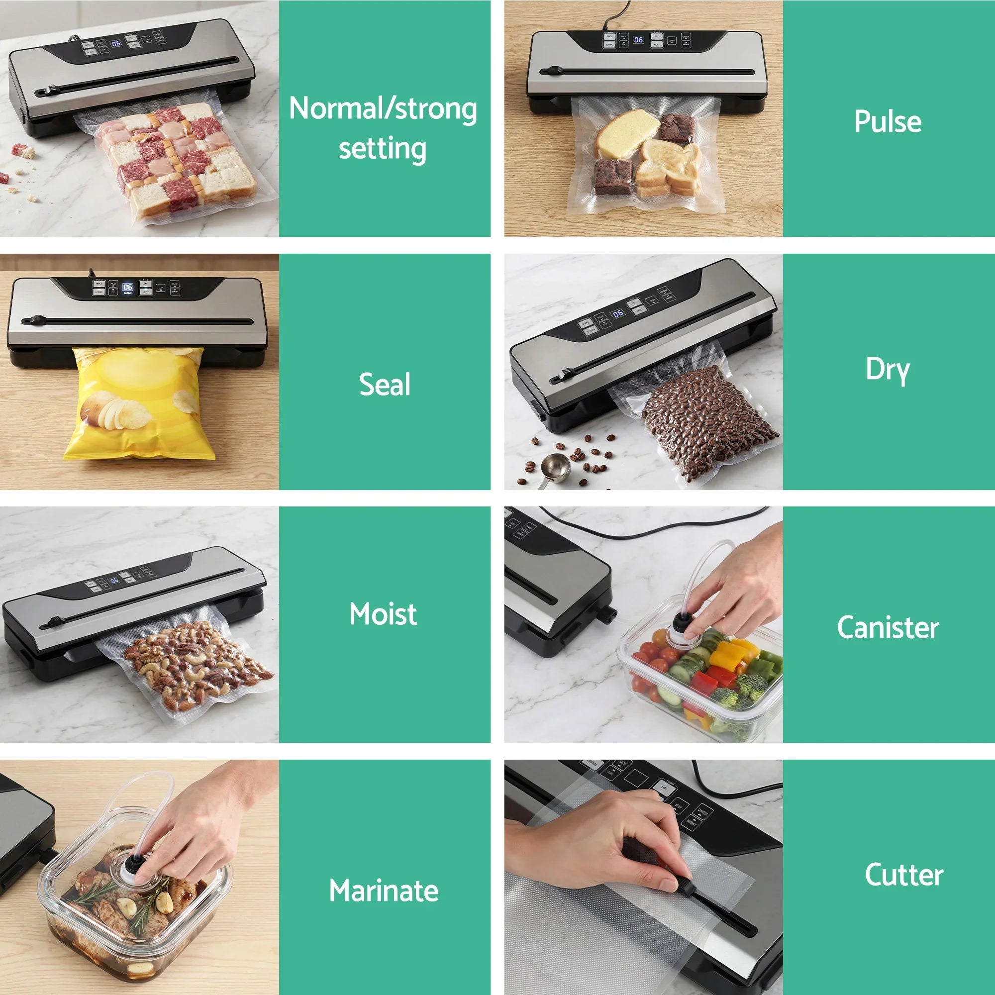 Food Vacuum Sealer Machine Auto Seal Slide Cutter 9 Modes Marinate Black