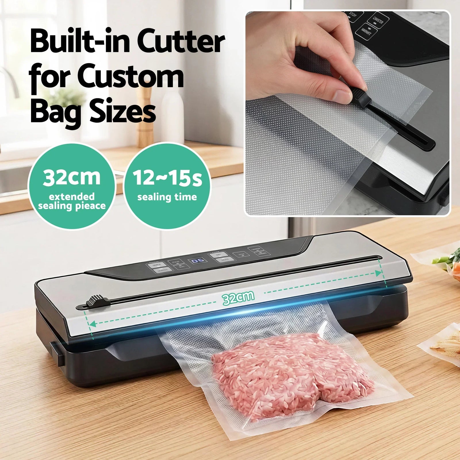 Food Vacuum Sealer Machine Auto Seal Slide Cutter 9 Modes Marinate Black