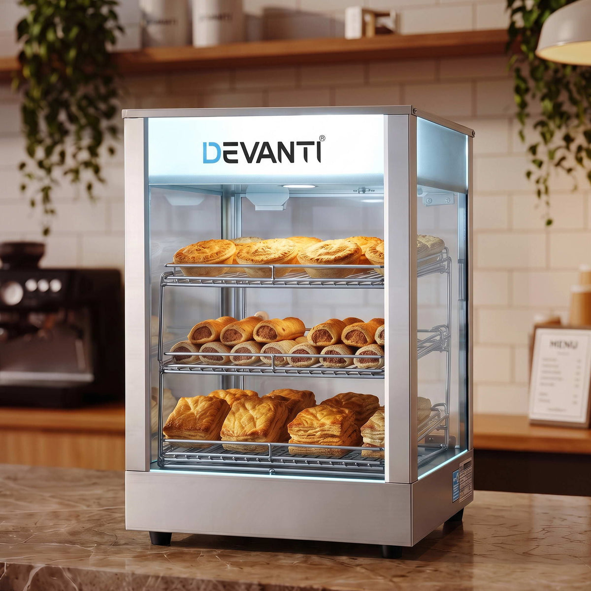 Devanti 850W Commercial Food Warmer, 3 Shelf Benchtop Display Cabinet 30-110°C