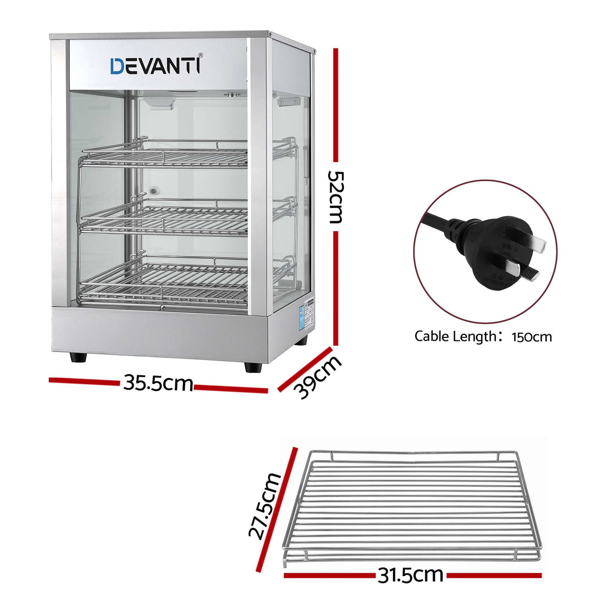 Devanti 850W Commercial Food Warmer, 3 Shelf Benchtop Display Cabinet 30-110°C