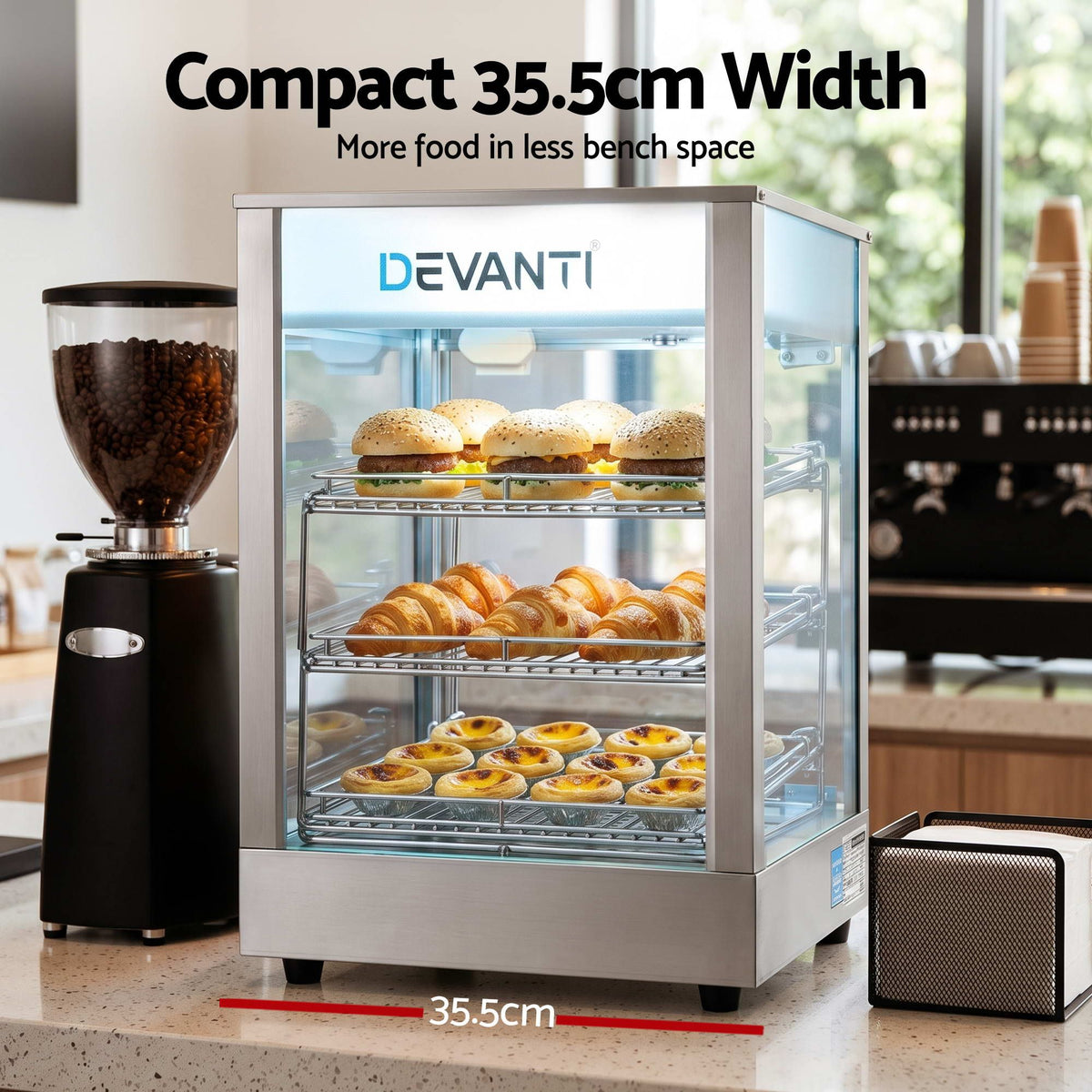 Devanti 850W Commercial Food Warmer, 3 Shelf Benchtop Display Cabinet 30-110°C
