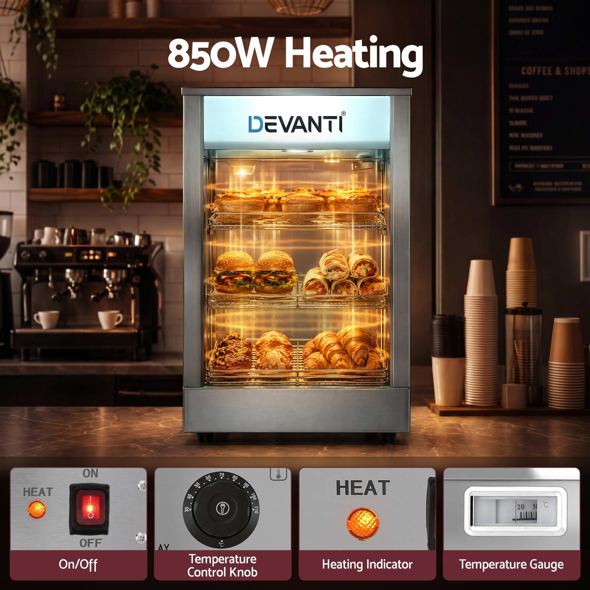 Devanti 850W Commercial Food Warmer, 3 Shelf Benchtop Display Cabinet 30-110°C