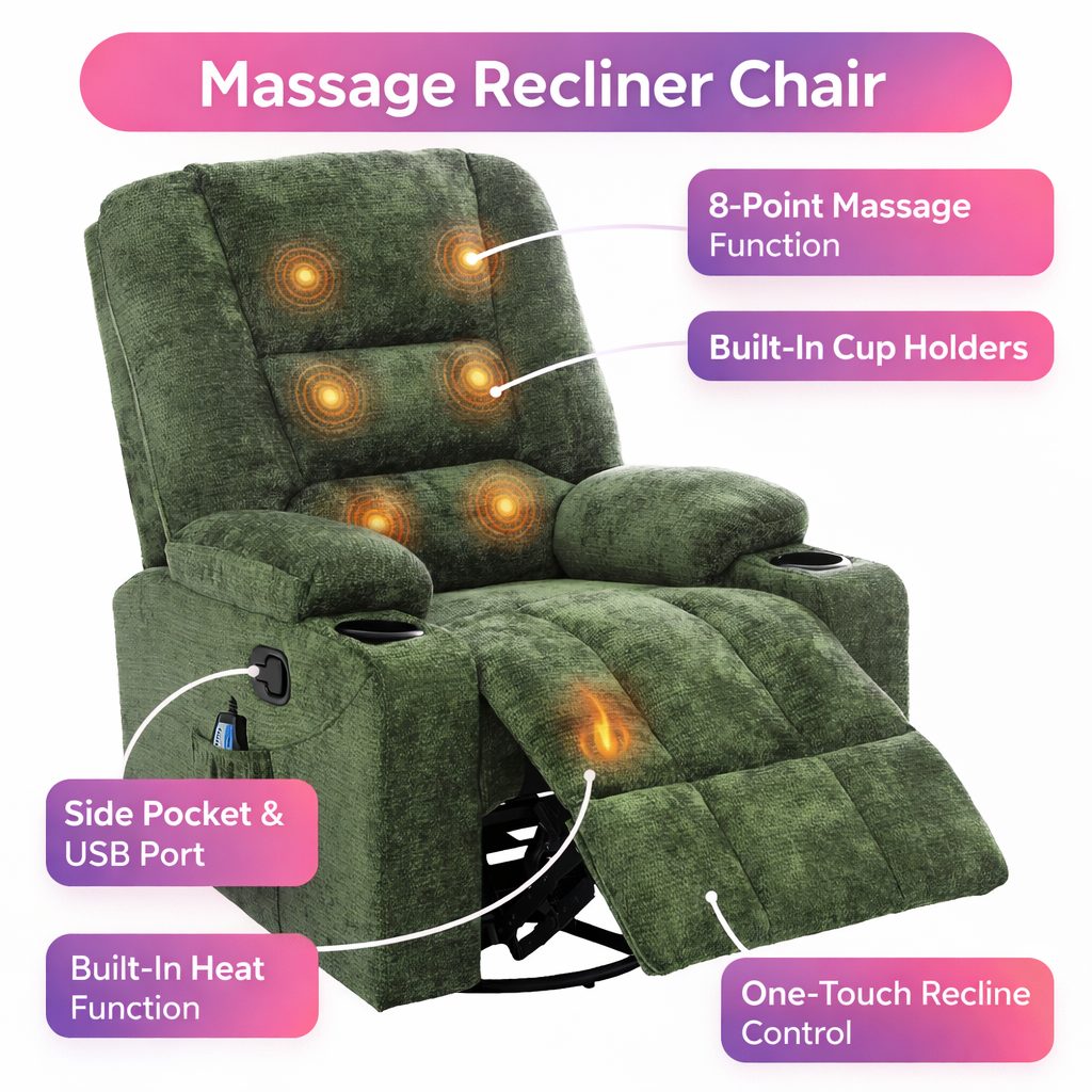Recliner Massage Chair with Heat, 8‑Point Massage & 165° Recline – Green