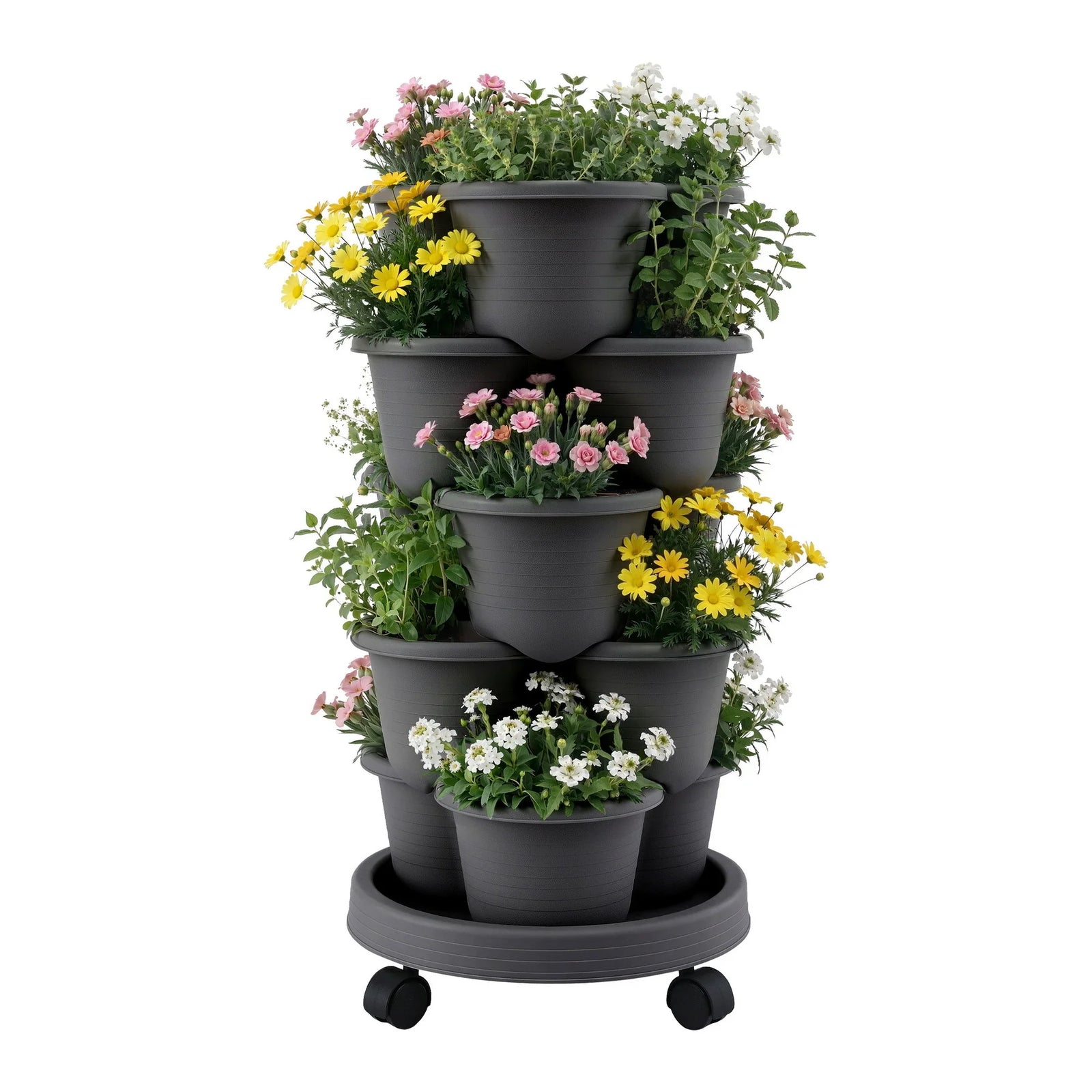 5 Tier Vertical Garden Planter, Stackable Planters with 4 Wheels, Black, Raised Garden Bed, Garden Tower Indoor Outdoor, Auto Drainage System, for Strawberries, Herbs, Flower, Vegetables