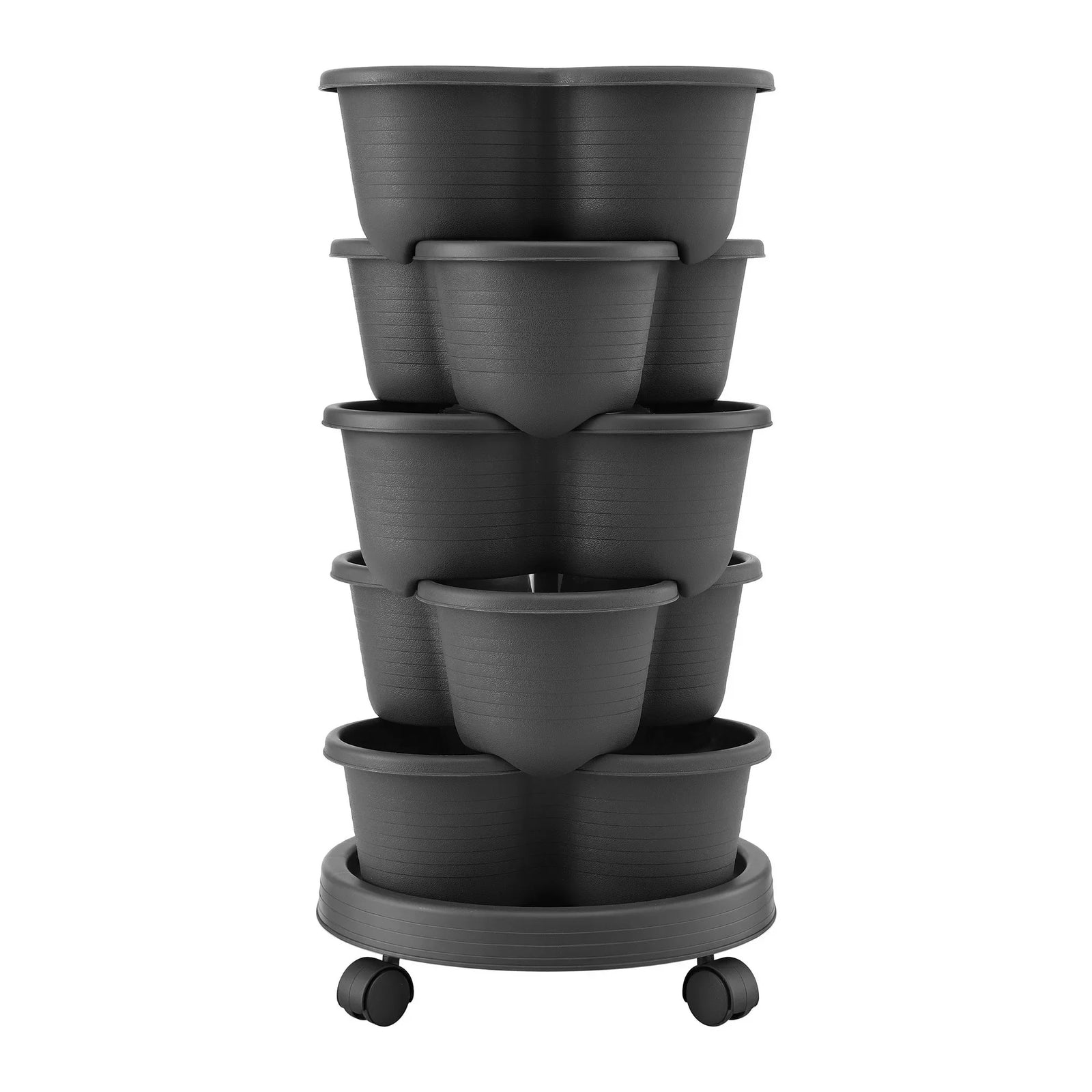 5 Tier Vertical Garden Planter, Stackable Planters with 4 Wheels, Black, Raised Garden Bed, Garden Tower Indoor Outdoor, Auto Drainage System, for Strawberries, Herbs, Flower, Vegetables