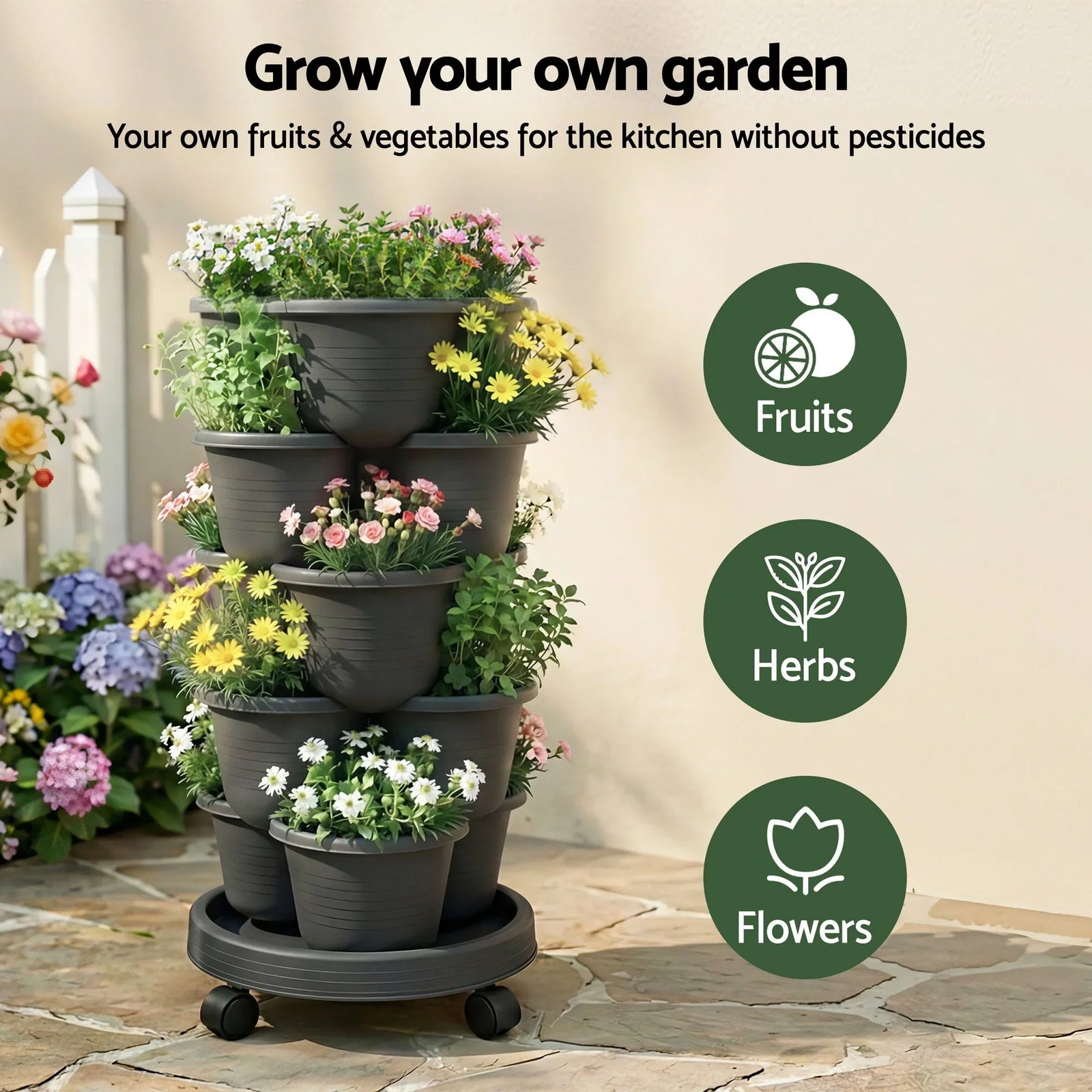 5 Tier Vertical Garden Planter, Stackable Planters with 4 Wheels, Black, Raised Garden Bed, Garden Tower Indoor Outdoor, Auto Drainage System, for Strawberries, Herbs, Flower, Vegetables