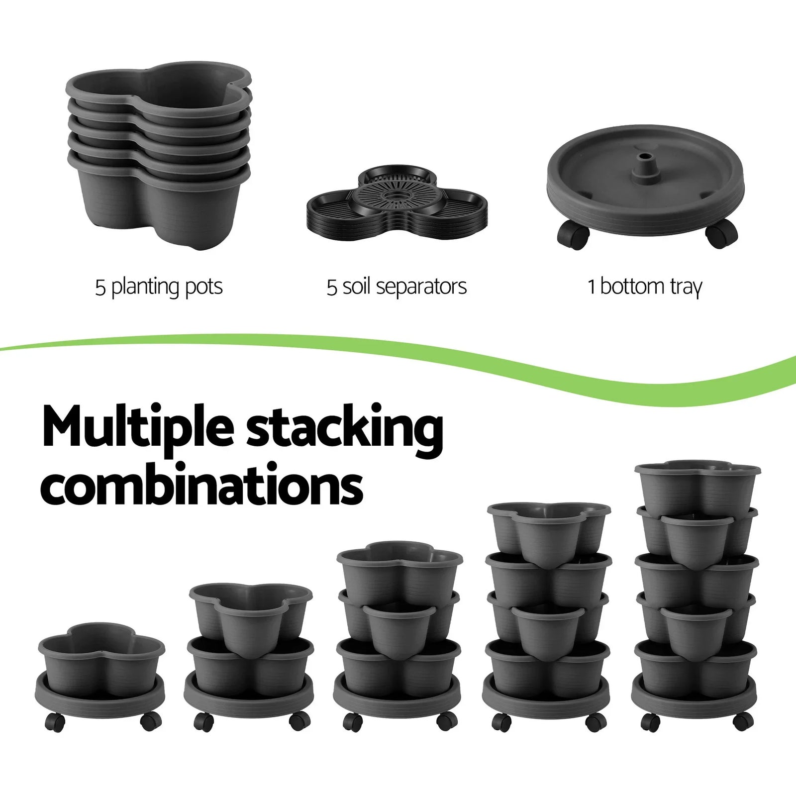 5 Tier Vertical Garden Planter, Stackable Planters with 4 Wheels, Black, Raised Garden Bed, Garden Tower Indoor Outdoor, Auto Drainage System, for Strawberries, Herbs, Flower, Vegetables