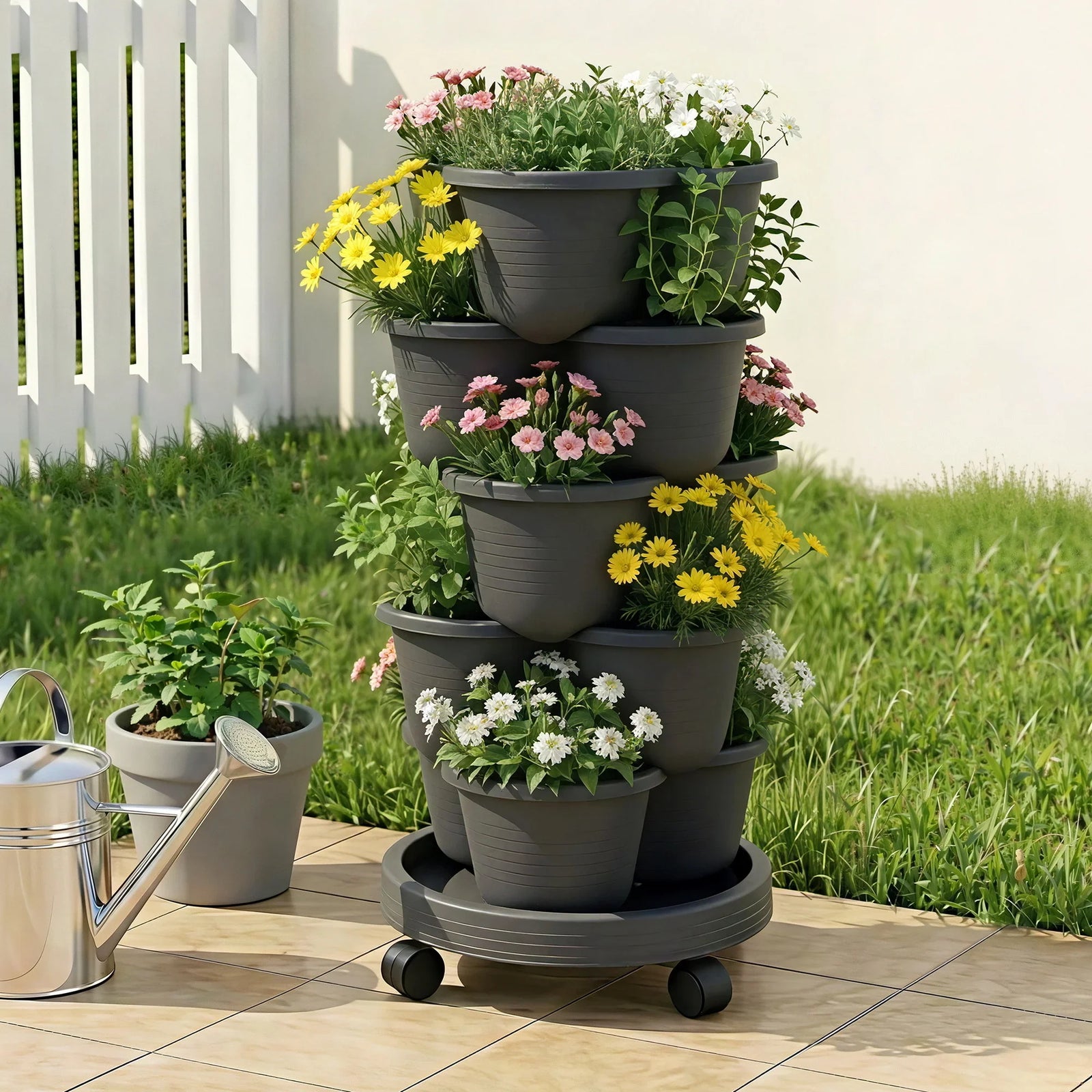 5 Tier Vertical Garden Planter, Stackable Planters with 4 Wheels, Black, Raised Garden Bed, Garden Tower Indoor Outdoor, Auto Drainage System, for Strawberries, Herbs, Flower, Vegetables